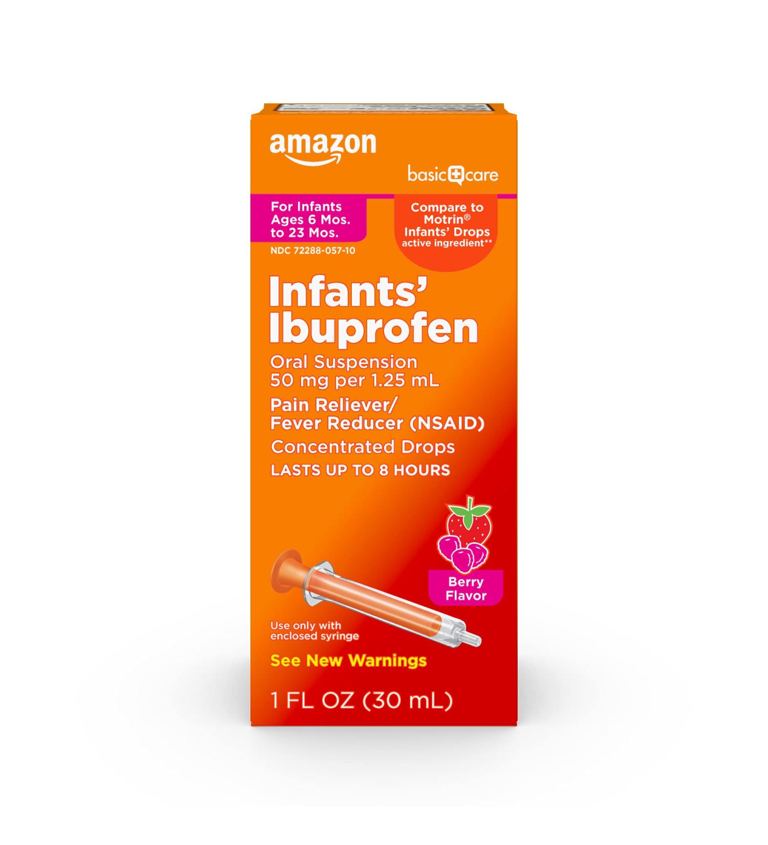Amazon Basic Care Infants' Ibuprofen Oral Suspension Drops - Berry Flavor - 50mg per 1.25mL - 1 fl oz - Pain & Fever Relief for Babies - Buy Online on GoSupps.com