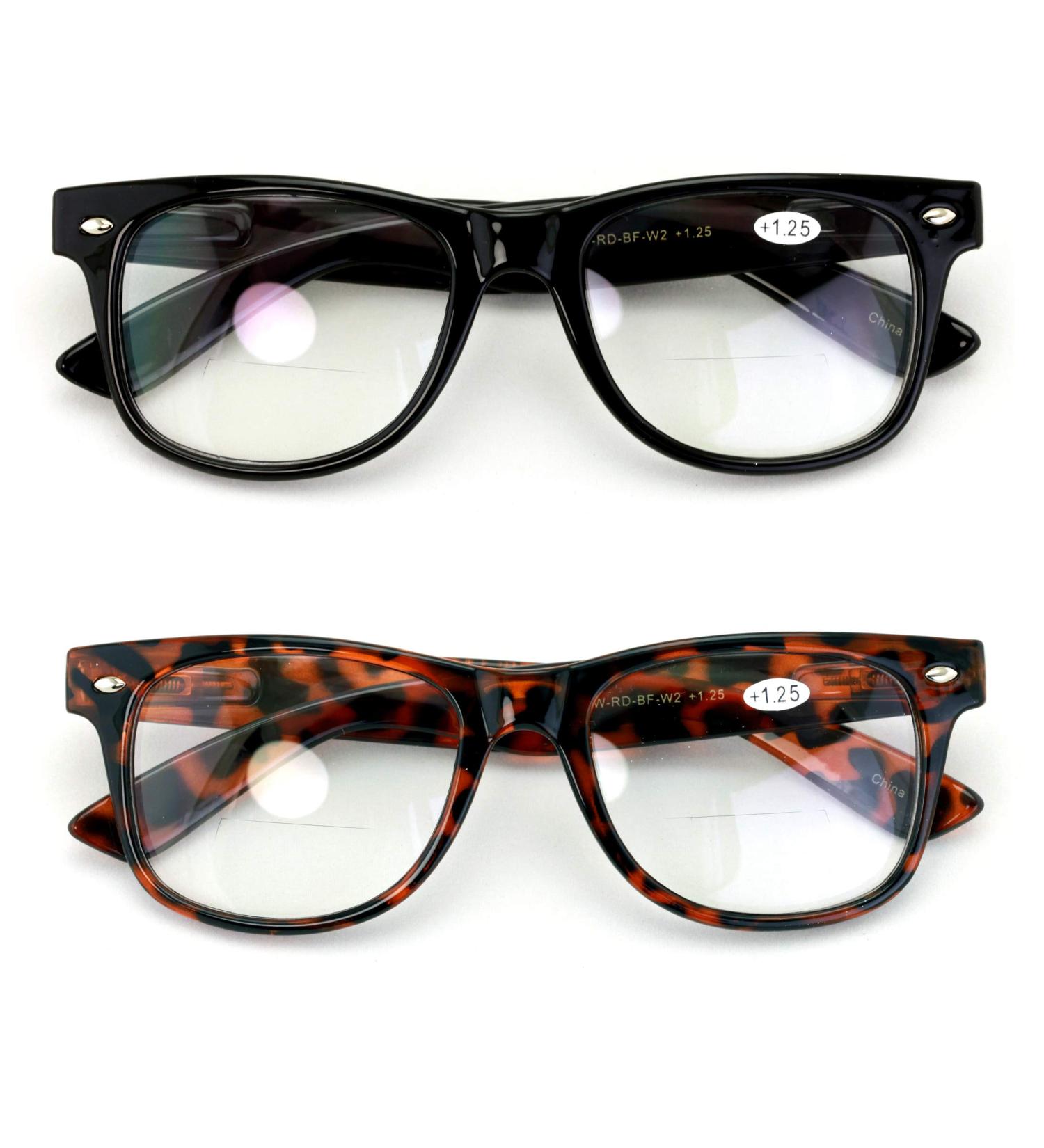 V.W.E. 2 Pairs of Comfortable Classic Retro Reading Glasses - Bifocals - Spring Hinge - Clear Transparent Frame 1 Black 1 Tortoise 1.0 x