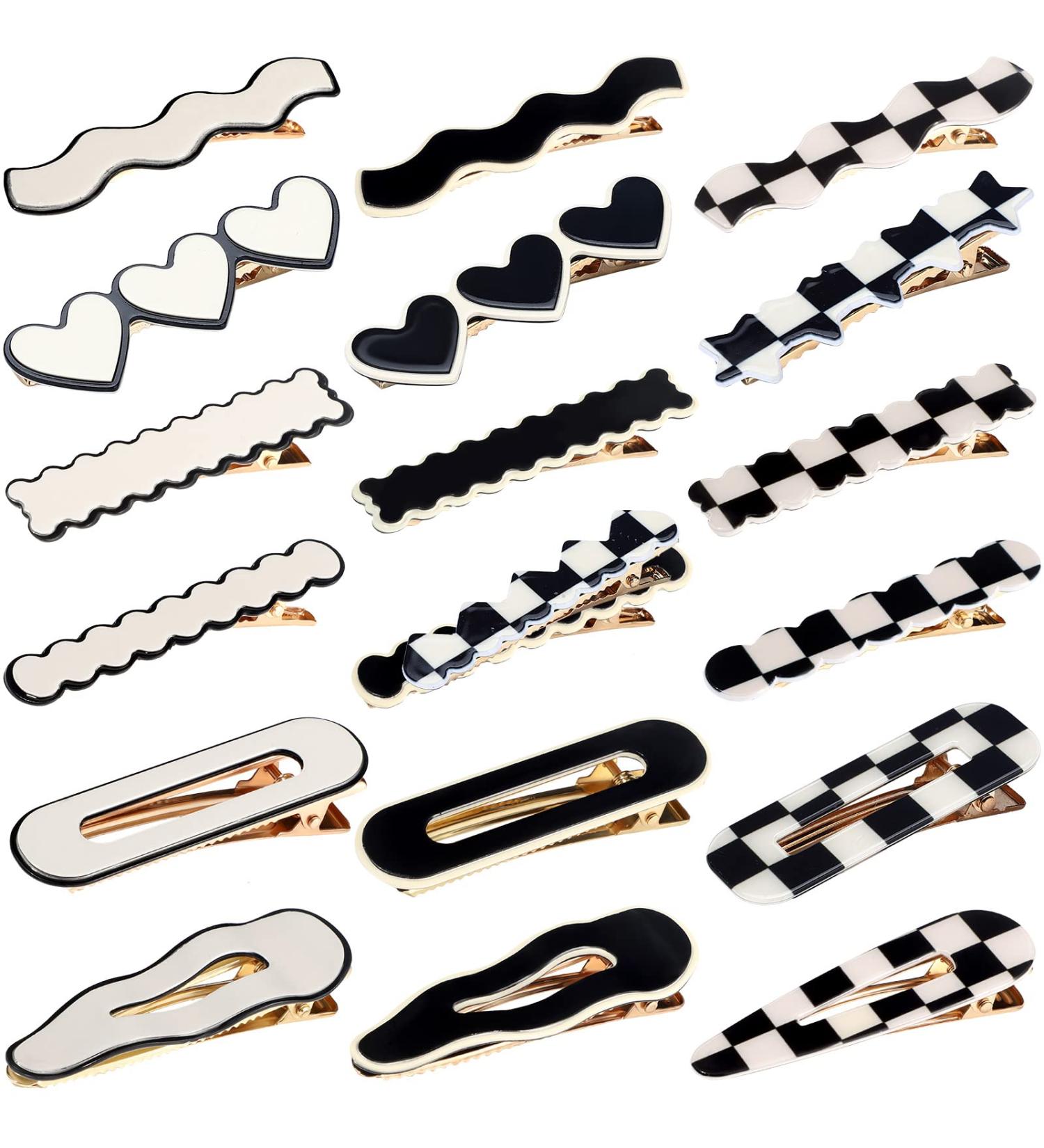 18 Piece Black White Checkerboard Hair Barrettes Set for Women and Girls - Elegant Geometric Hair Clips - Vintage Hair Accessories - Black White Plaid Glitter Hair Pins - Buy Online on GoSupps.com