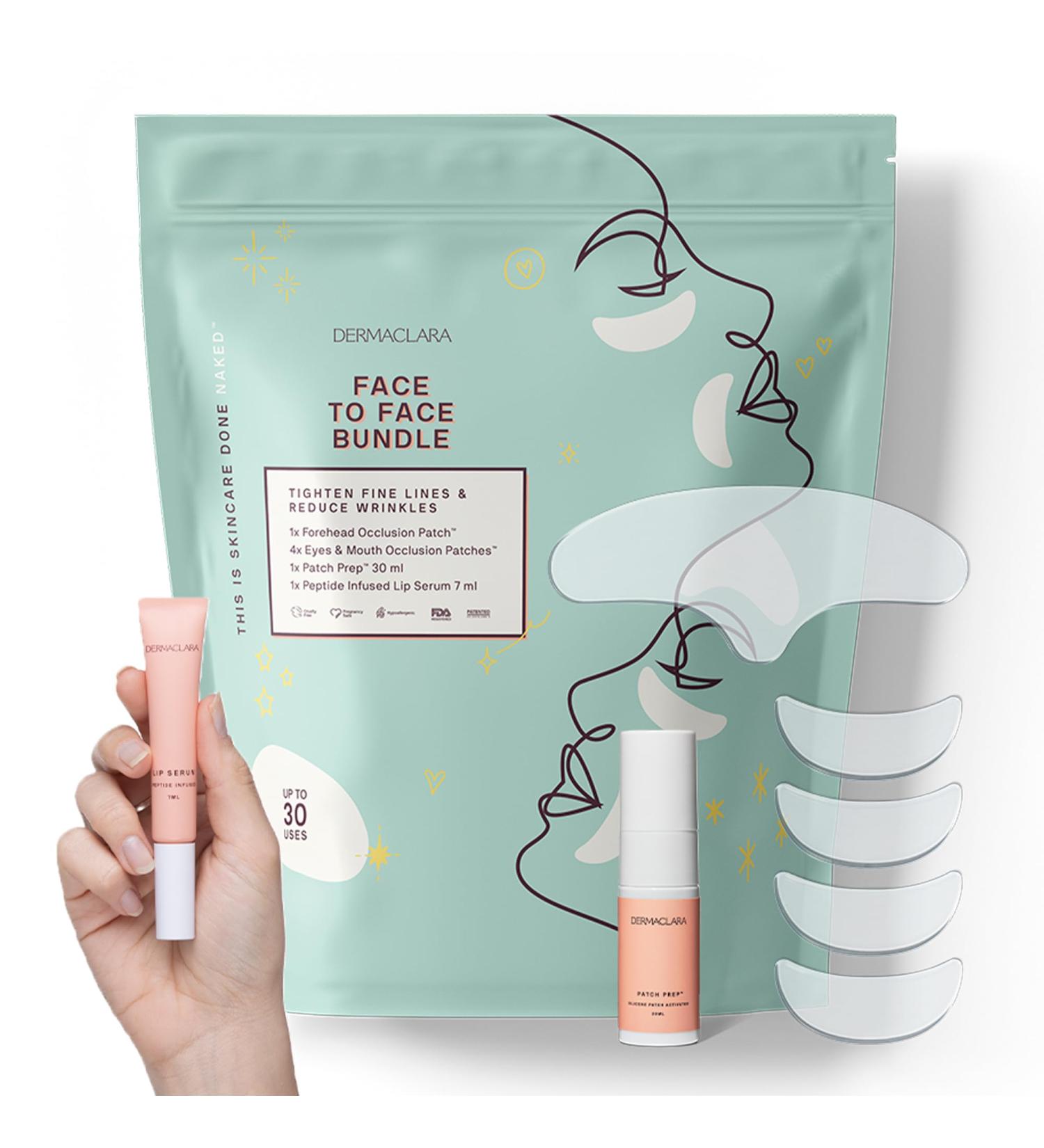 Dermaclara Silicone Face Patches Kit - Anti-Wrinkle Patches for Frown & Smile Lines Silicone Anti-Wrinkle Reusable Pads Up to 30 Uses - 1 Forehead 4 Eye & Mouth 1 Cleanser 1 Peptide Lip Serum - Buy Online on GoSupps.com
