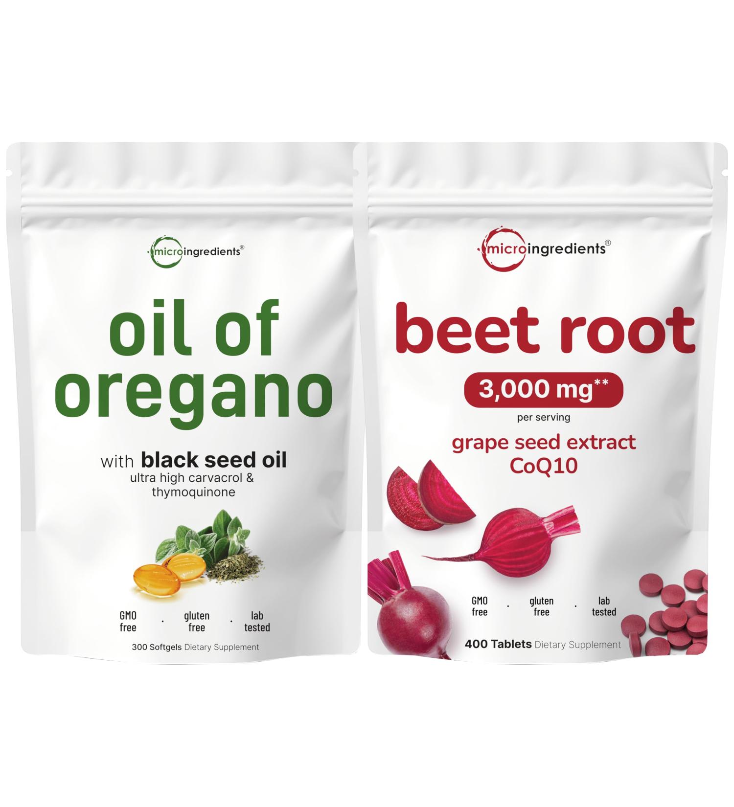 Micro Ingredients Oil of Oregano Softgels & Beet Root 3 000mg Tablets with Grape Seed + CoQ10 Bundle Pack | 4X Strength Thymoquinone with Black Seed | Natural Nitric Oxide Support - Buy Online on GoSupps.com
