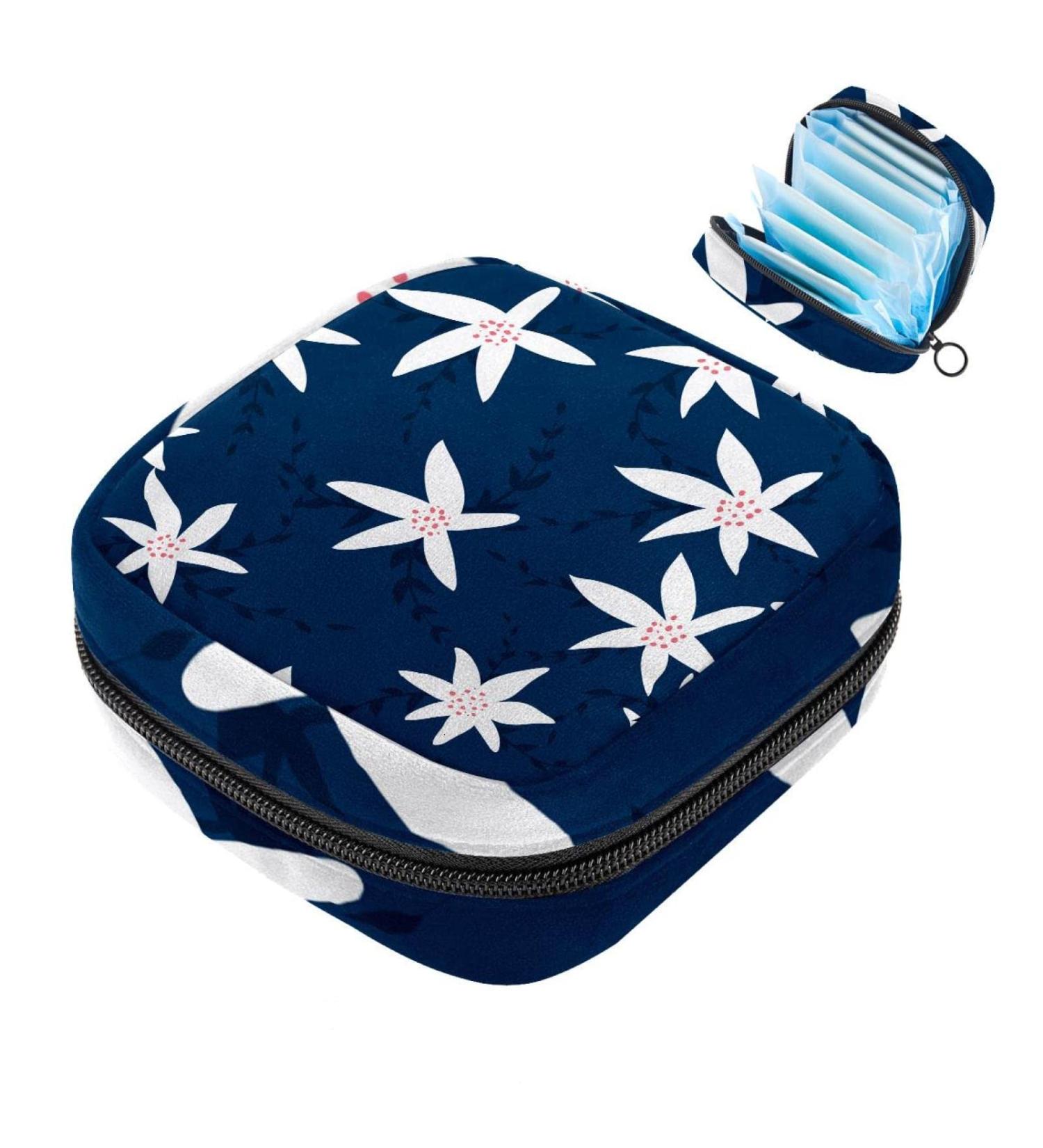 White Flower Pattern Navy Blue Sanitary Napkin Storage Bags | Eco-Friendly & Stylish Organization - Buy Online on GoSupps.com