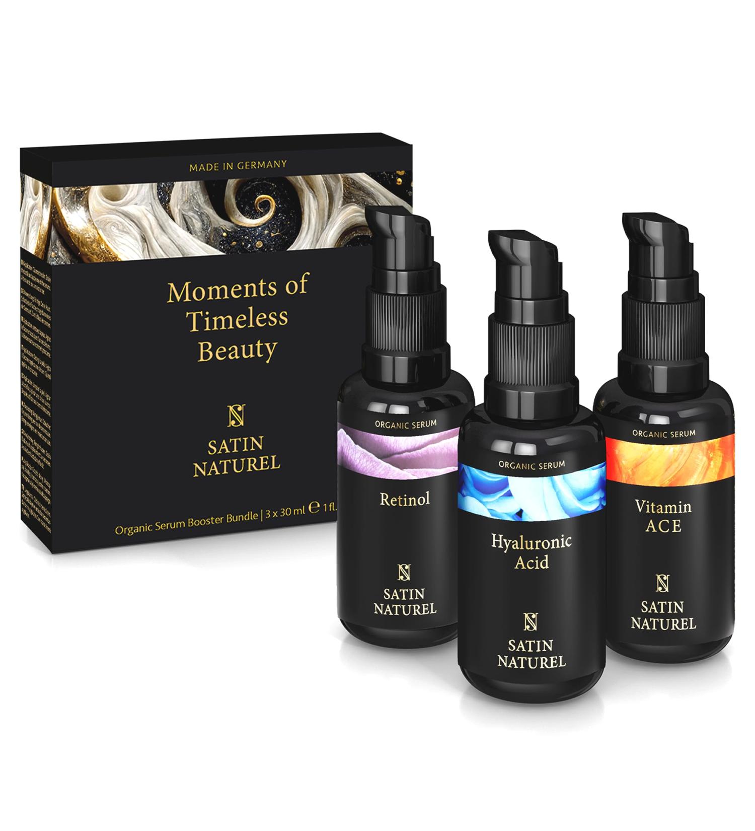 Beauty Set: Hyaluron Vitamin C & Retinol Serum (3x30ml) - Anti-Aging Anti-Acne & Moisturizing Vegan Skincare - Perfect Wellness Gifts & Cosmetics for Women - Buy Online on GoSupps.com