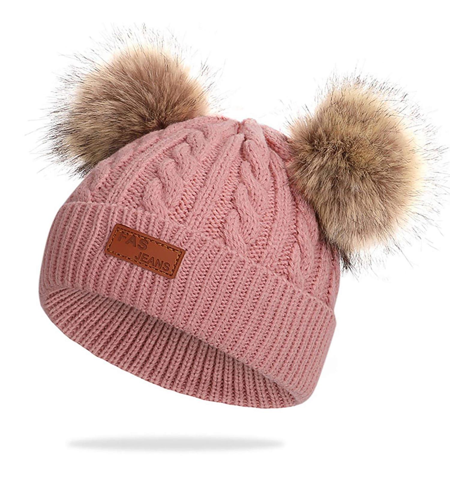 Dark Pink Baby Pom Pom Hat - Infant Toddler Winter Beanie Cap with Crochet Fur Hairball - Unisex One Size - Buy Online on GoSupps.com