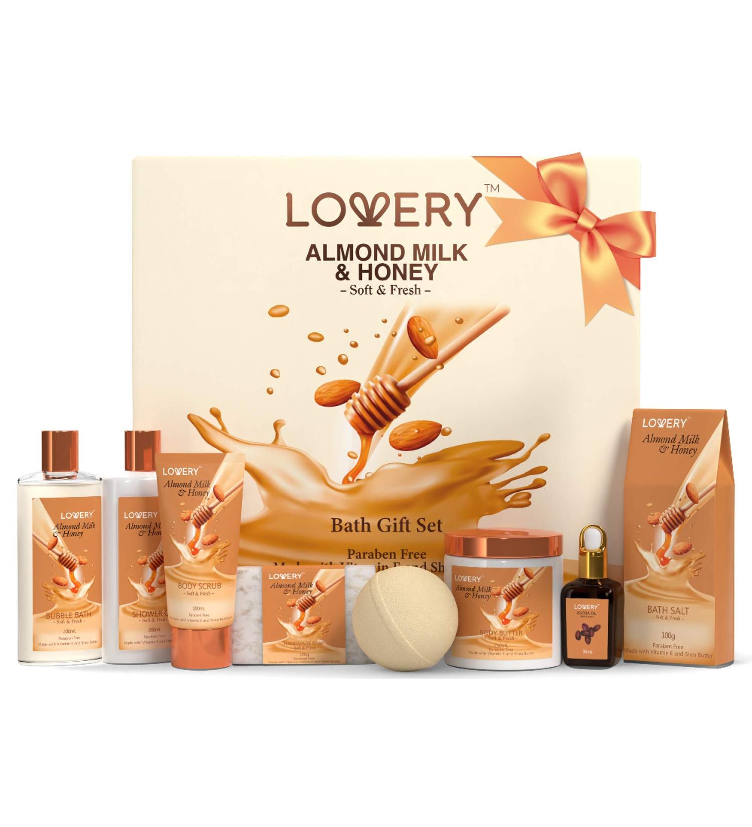 Bath Gift Set - Almond Milk & Honey Spa Kit with Shower Gel, Bath Bomb, Bubble Bath, Body Scrub, Salts, Body Butter, Jojoba Oil & Handmade Oatmeal Soap - Perfect Birthday & Holiday Gift for Women & Men - Buy Online on GoSupps.com