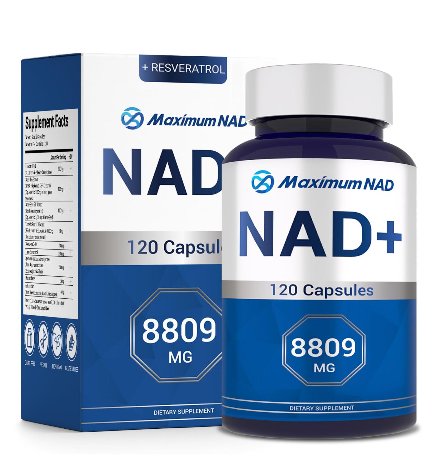 NAD+ Supplement 8 809mg with Liposomal NAD and Resveratrol for Women & Men - 120 Capsules to Support Cellular Health Boost Stamina & Healthy Aging Vegan & Gluten-Free - Buy Online on GoSupps.com