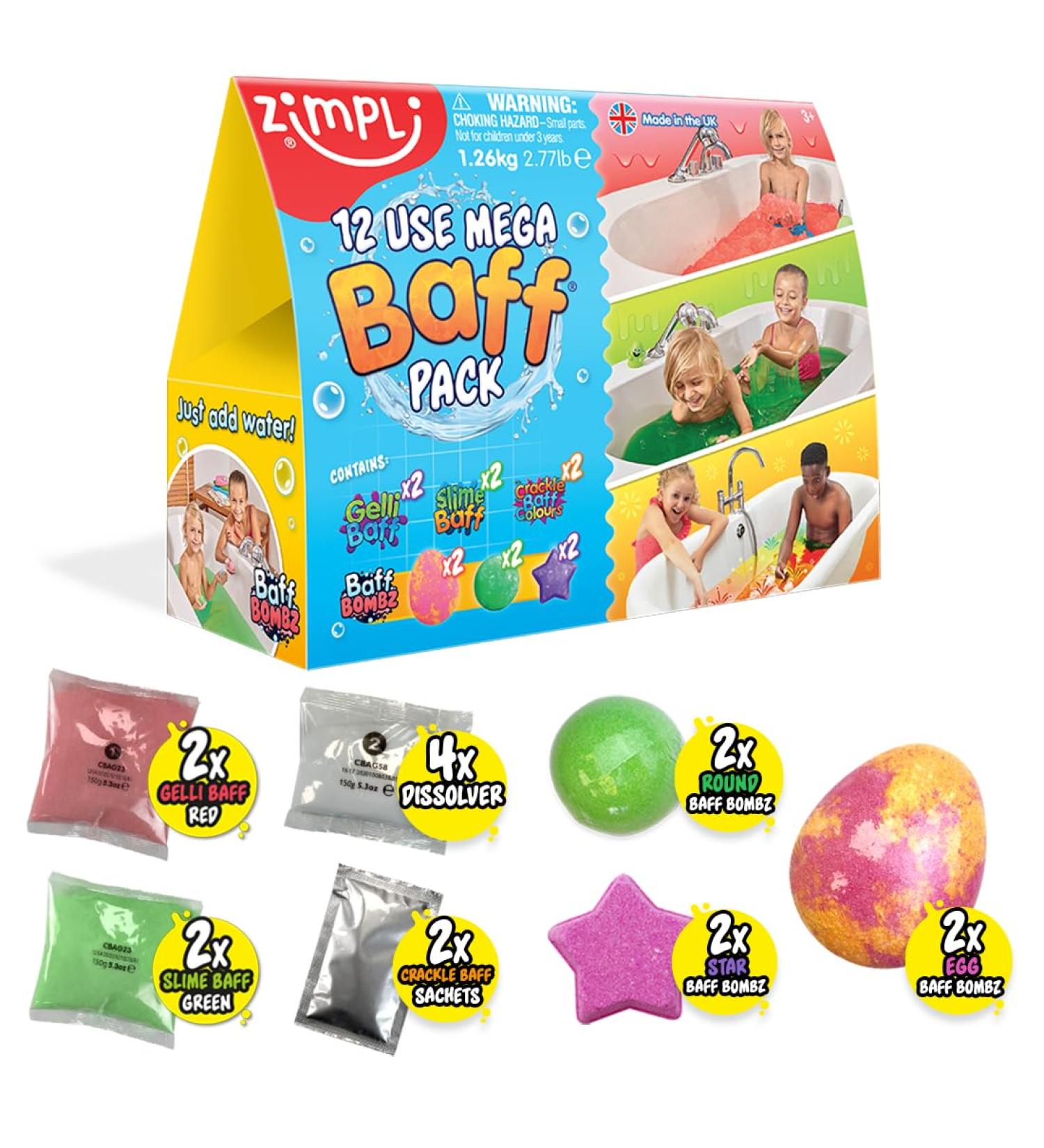 12 Use Mega Baff Pack from Zimpli Kids 6 x Bath Bombs 2 x Gelli Baff 2 x Slime Baff & 2 x Crackle Baff Children's Value Sensory Bath Toy Gift Set Birthday Present for Boys & Girls Water Toy Mega Baff Pack V2 - Buy Online on GoSupps.com