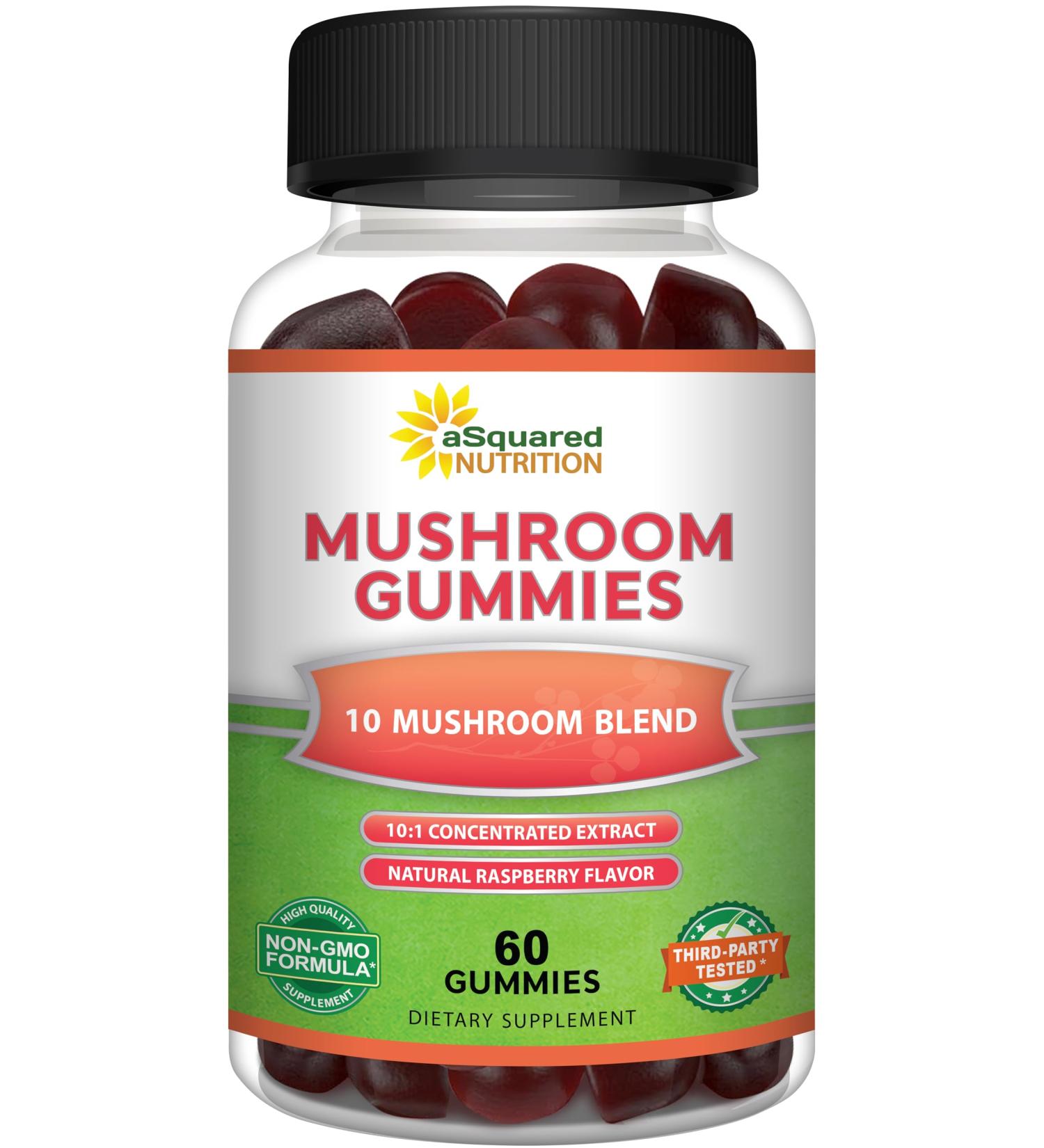 aSquared Nutrition Mushroom Gummies - 10x Complex Supplement - Lions Mane Turkey Tail Reishi Cordyceps Chaga - Energy Focus Immune Support for Men & Women - Replace Powder Capsules & Pills - Buy Online on GoSupps.com