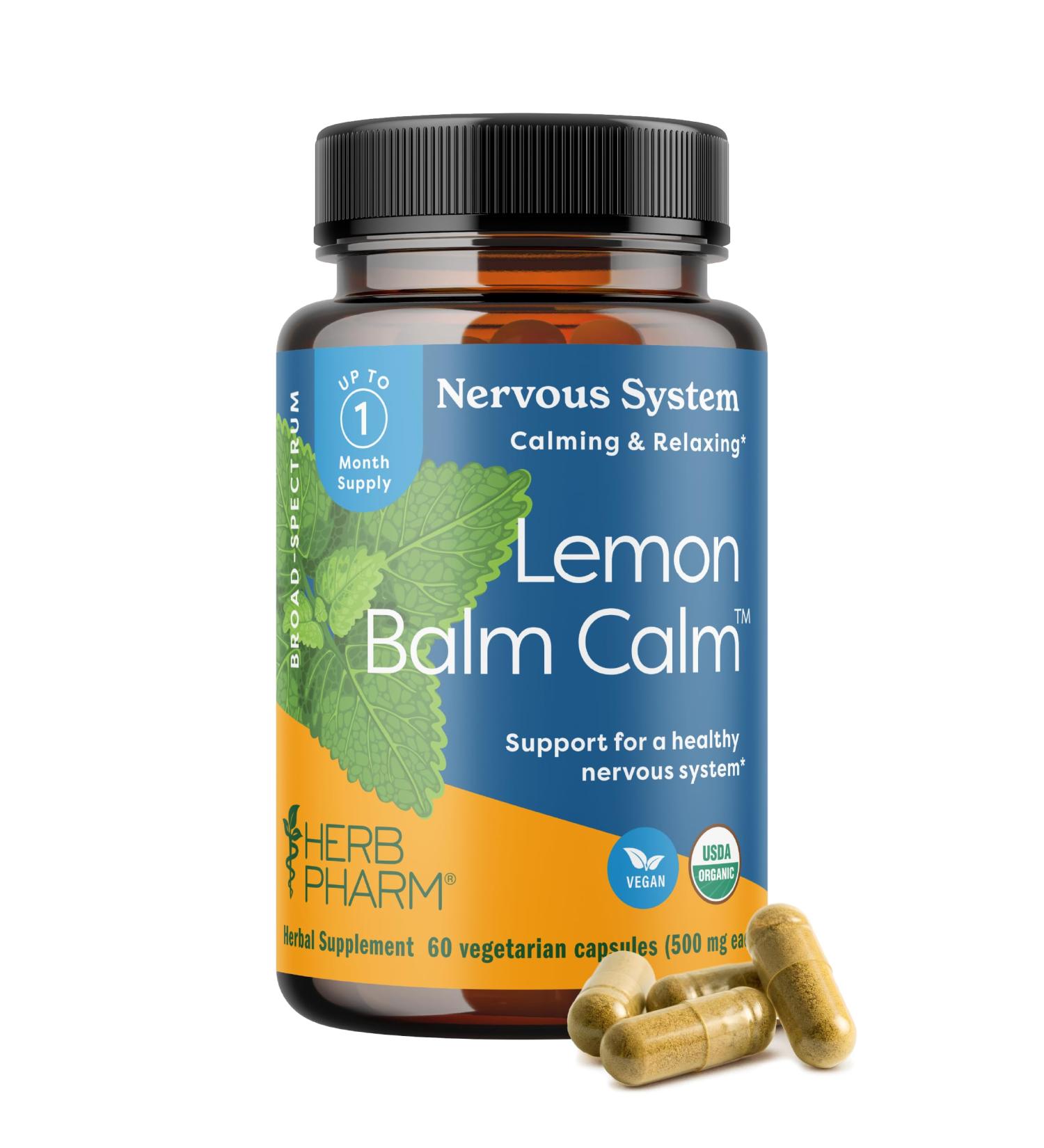 Herb Pharm Lemon Balm Calm Capsules: Calming Nervous System Support: Certified Organic Capsules with Lemon Balm Leaf Extract Melatonin Free Relaxing Supplement Vegan 30 Day Supply 60 Capsules* - Buy Online on GoSupps.com