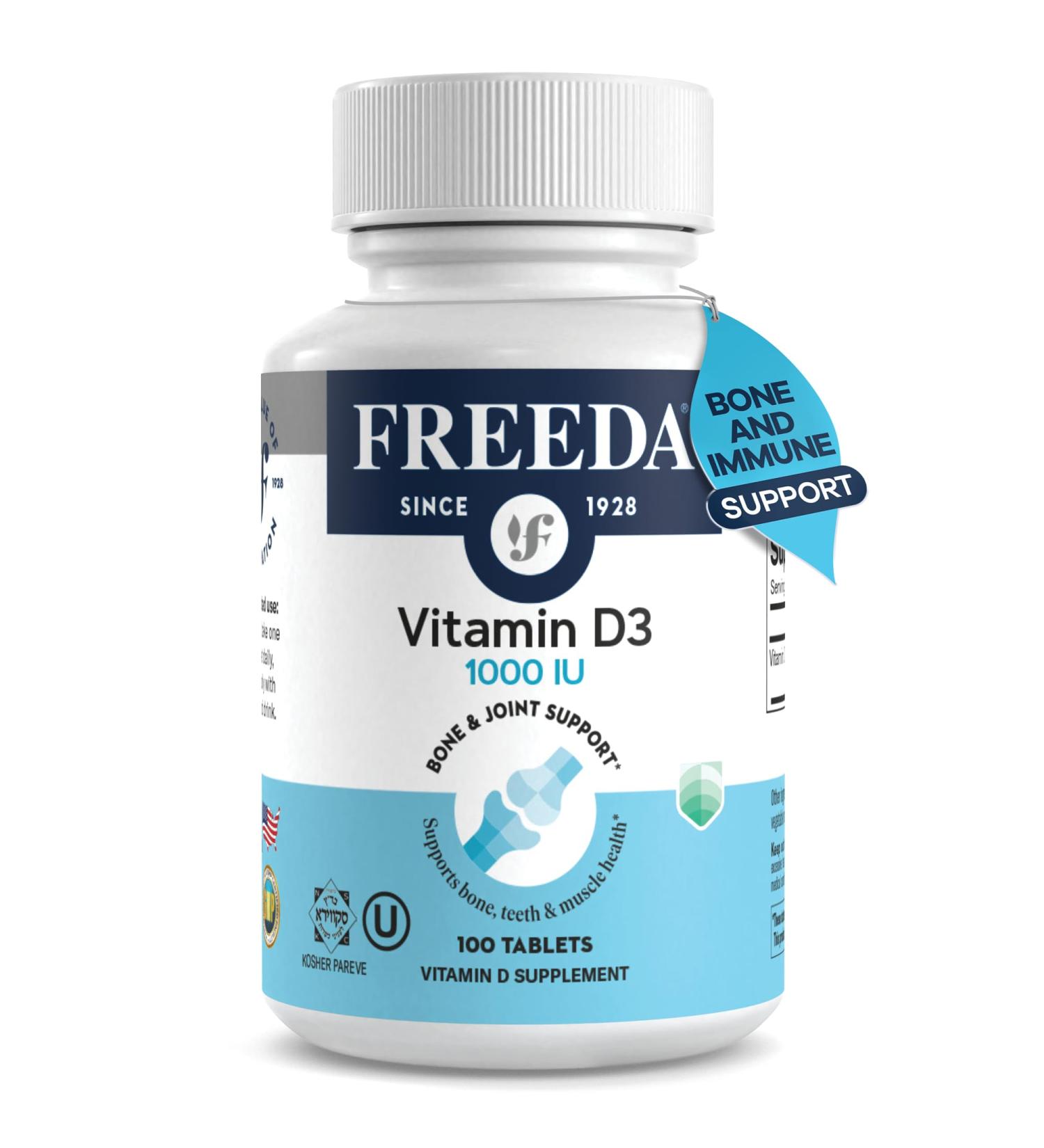 FREEDA Vitamin D3-1000 IU - Pure High Potency Kosher Supplement Tablets - Bone and Muscle Health Calcium Absorption Immune Support for Men and Women* - 100 Count 100 Count (Pack of 1) - Buy Online on GoSupps.com