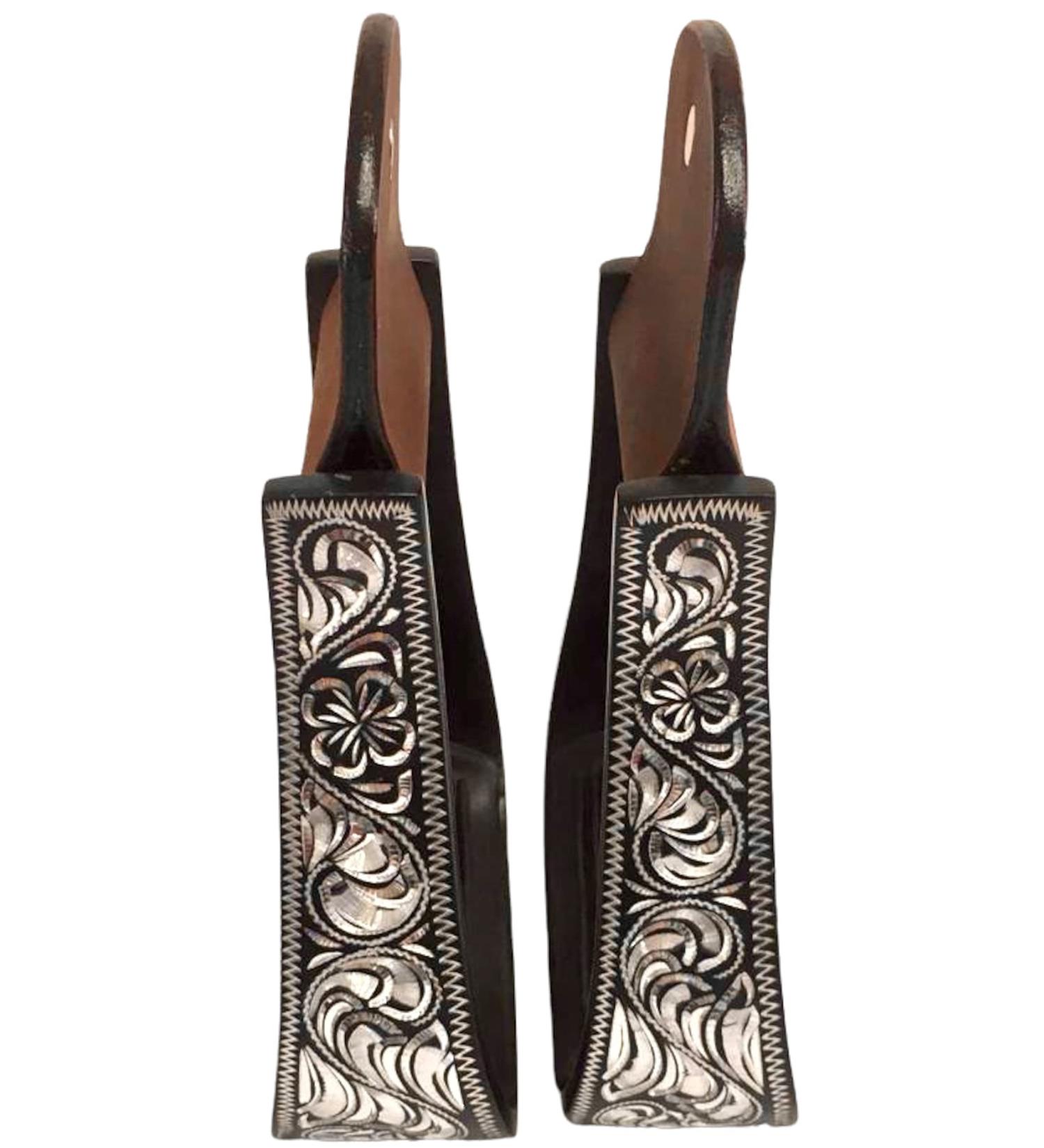 Western Horse Aluminum Black Engraved Stirrups for Adults in Silver Black - Majestic Ally - Buy Online on GoSupps.com