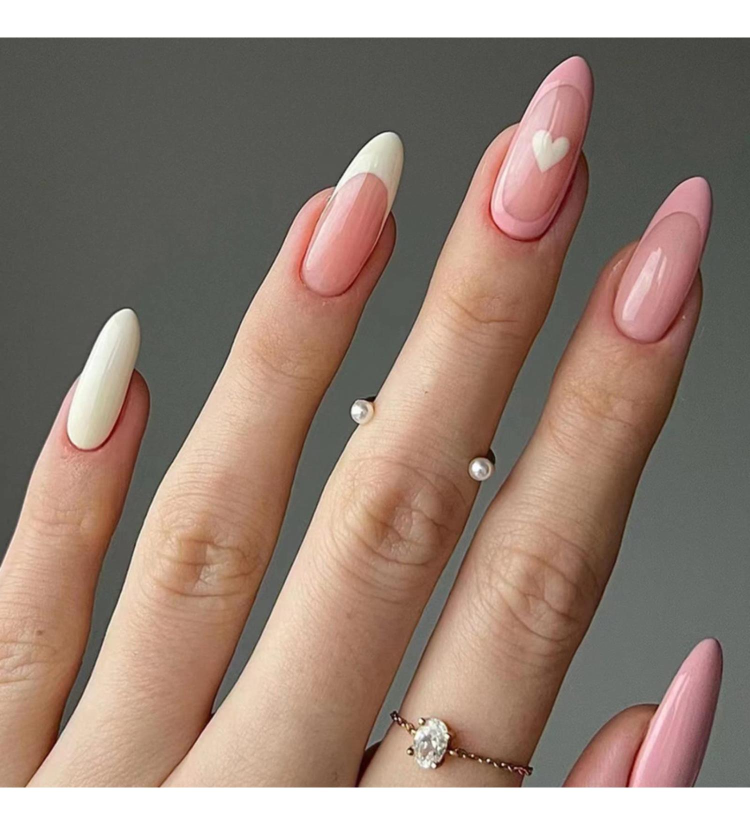 Justotry 24 Pcs Stiletto Heart Peach Pink Short False Nails with Nail Glue - Almond Medium Press On Nails for Women's Nail Art - Buy Online on GoSupps.com