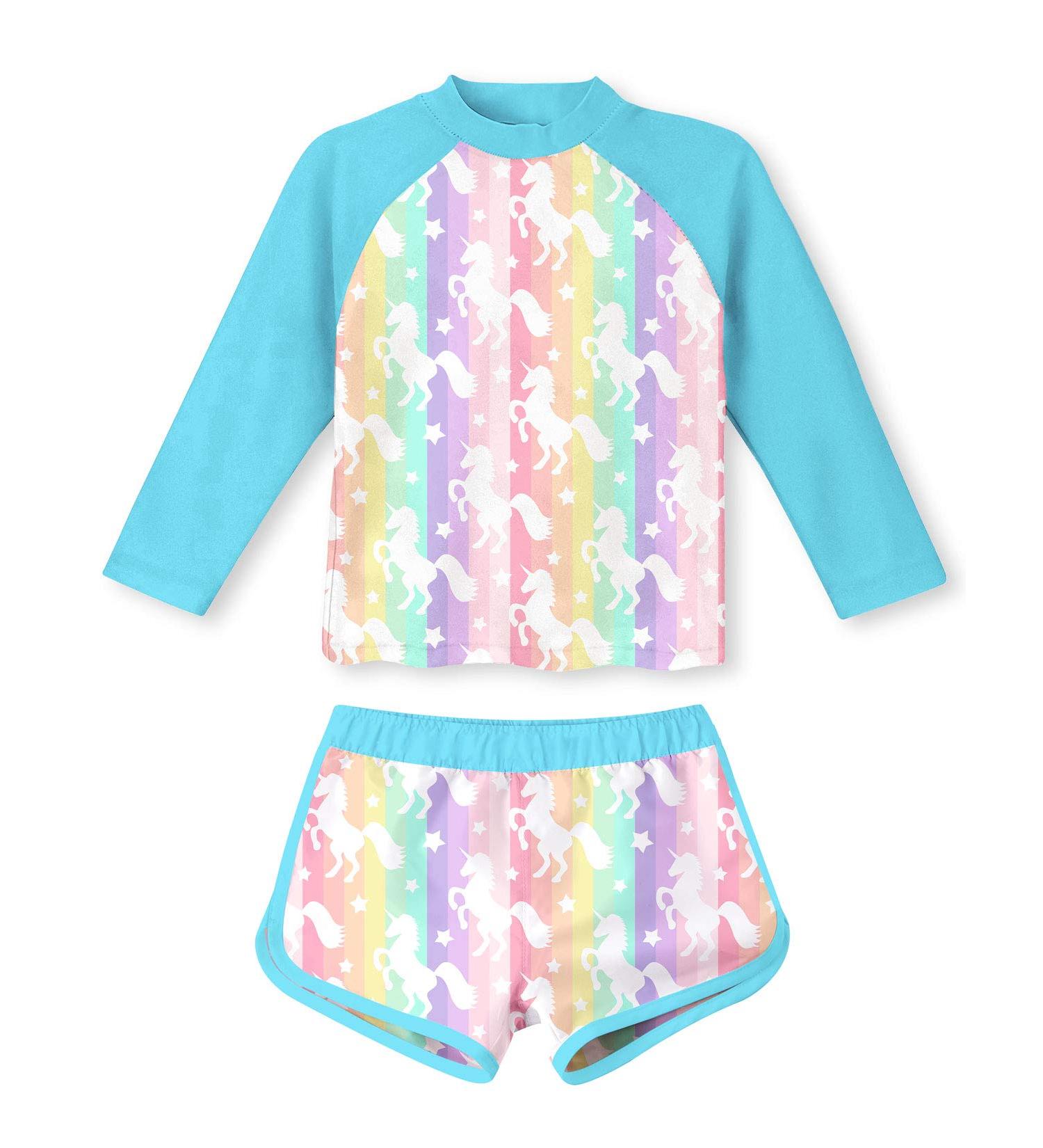 Girls Long Sleeve Two Piece Swimsuit - UPF 50+ Protection - Blue Unicorn - Ages 3-4 to 10 Years - Buy Online on GoSupps.com