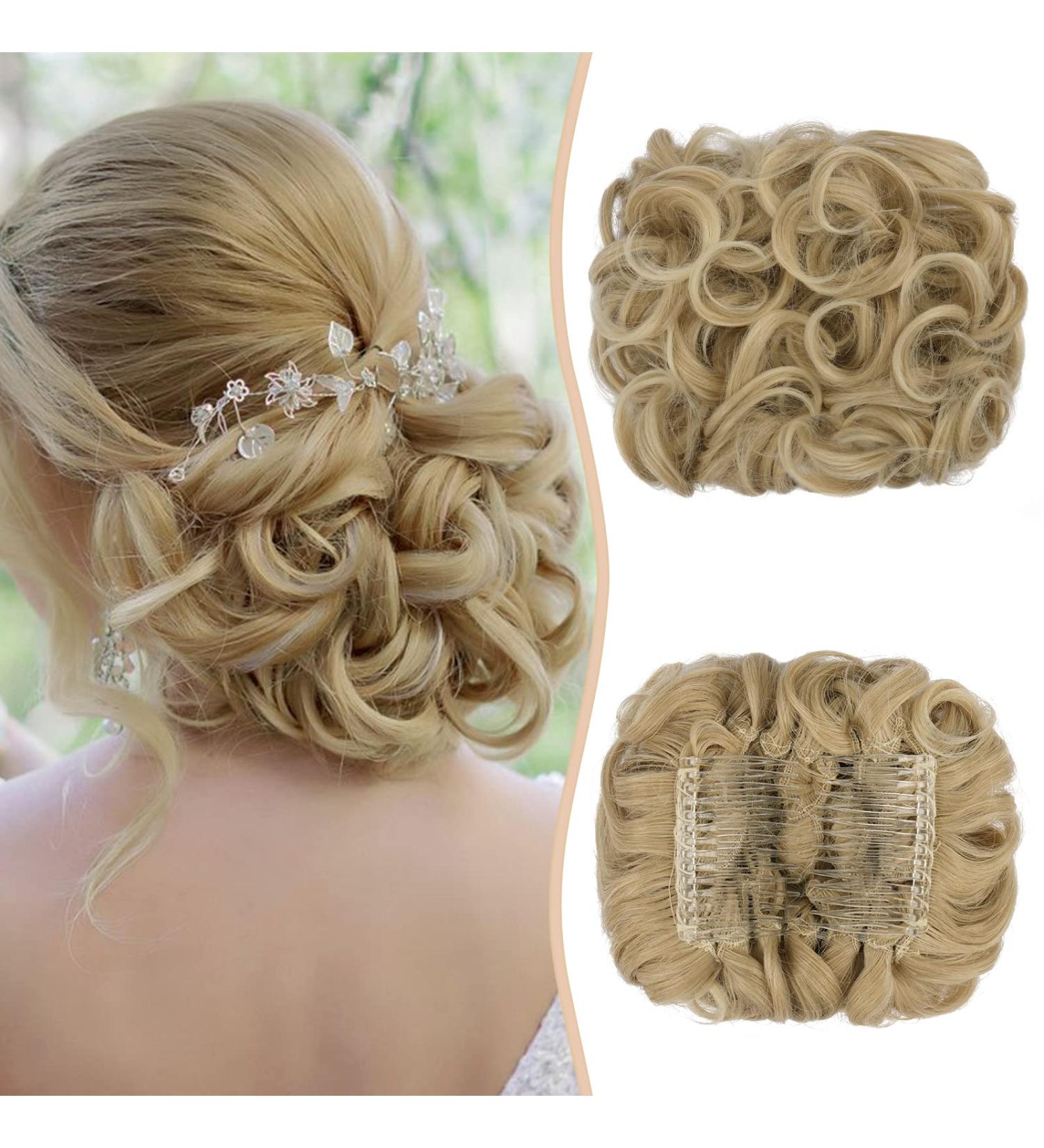 Sofeiyan Messy Bun Hair Piece Wavy Curly Extensions Drawstring Chignon Clip in Hairpiece - Pale Golden Blonde/AuBurn Mix - Buy Online on GoSupps.com
