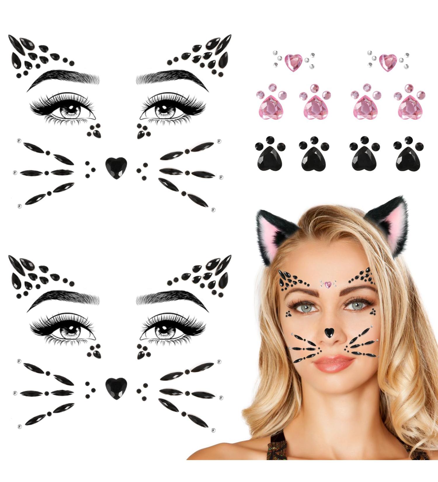 Cat Face Gems & Rhinestones for Women & Kids | Stick-On Whiskers & Body Gems | Perfect for Rave & Halloween Makeup - 4 Sheets - Buy Online on GoSupps.com