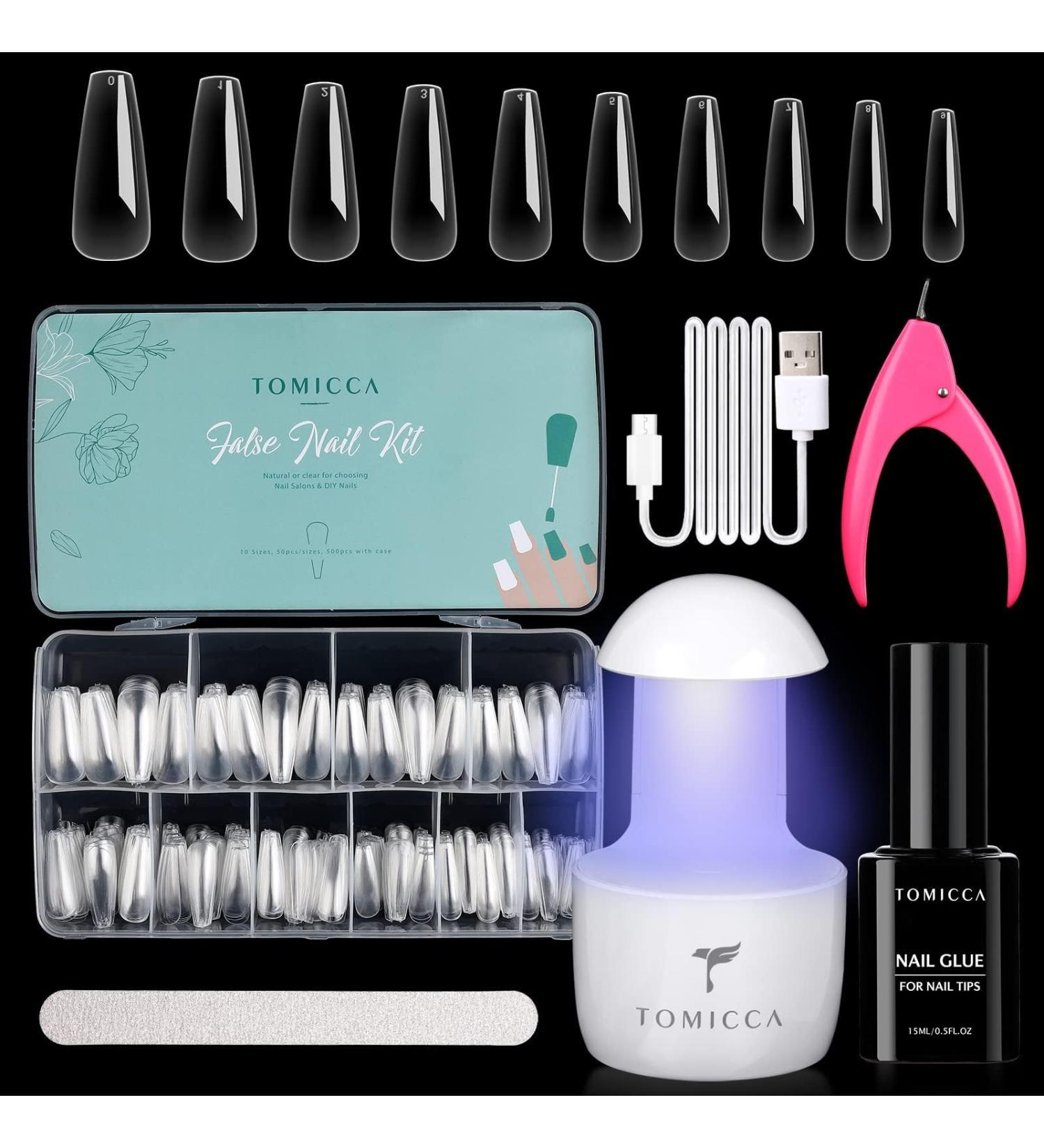 Tomicca Nail Tips & Glue Gel Kit | Complete Gel Nail Extension Set with Mini Lamp & 500 Soft Gel Coffin Tips - Long Ballerina Style - Buy Online on GoSupps.com