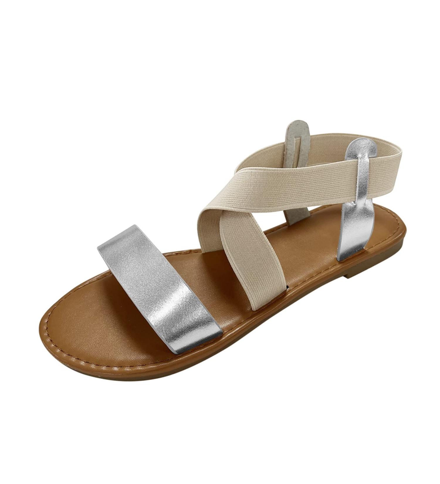 HSYHKDSY ENTIREFACE Flat Sandals for Women - Elastic Straps Open Toe Slingback Summer Shoes - Casual Vacation Footwear in Silver Size 6.5 UK - Buy Online on GoSupps.com