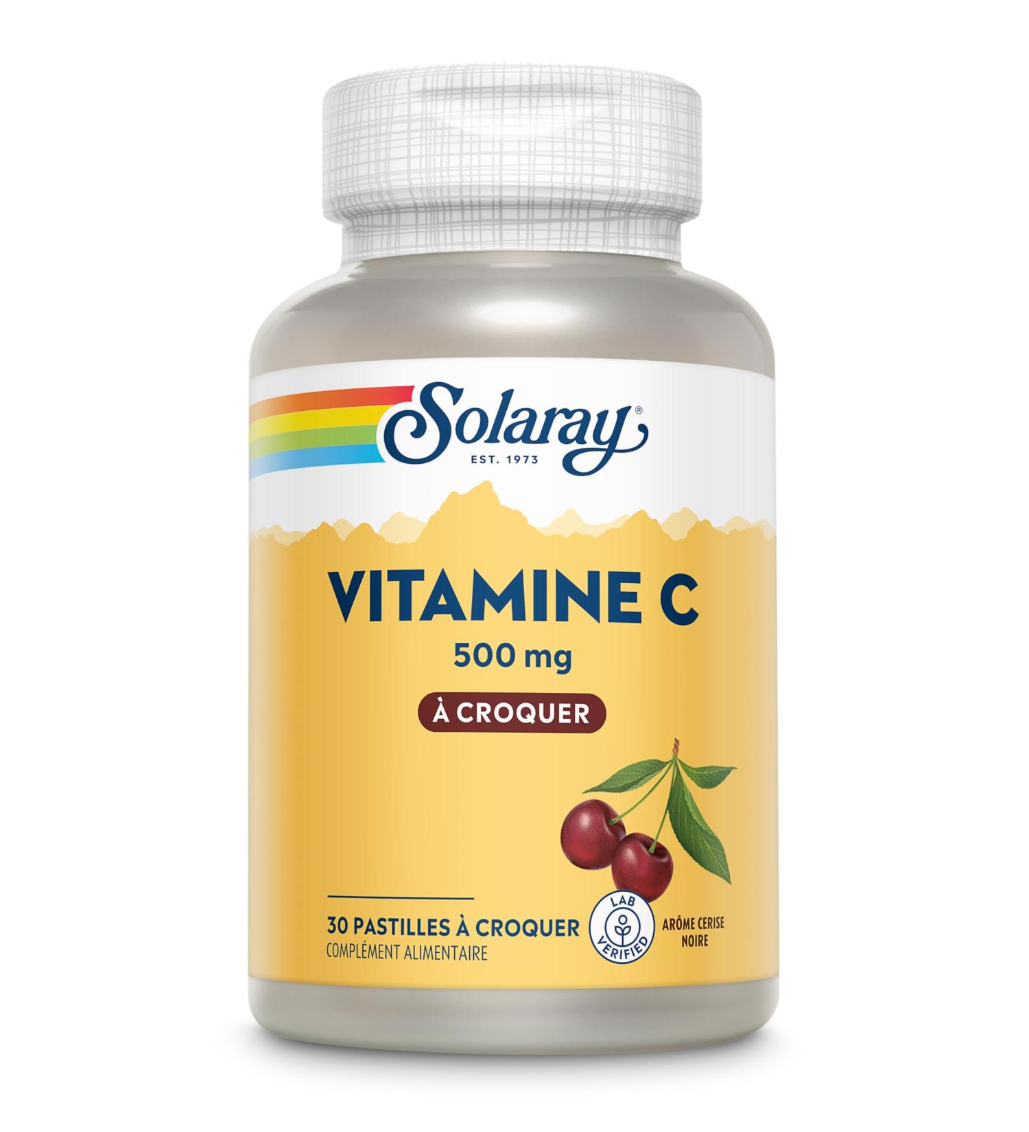 Solaray Vitamine C 500mg | 100 Pastilles croquer ar me cerise noire | nergie et antioxydant |1 flacon de 100 pastilles