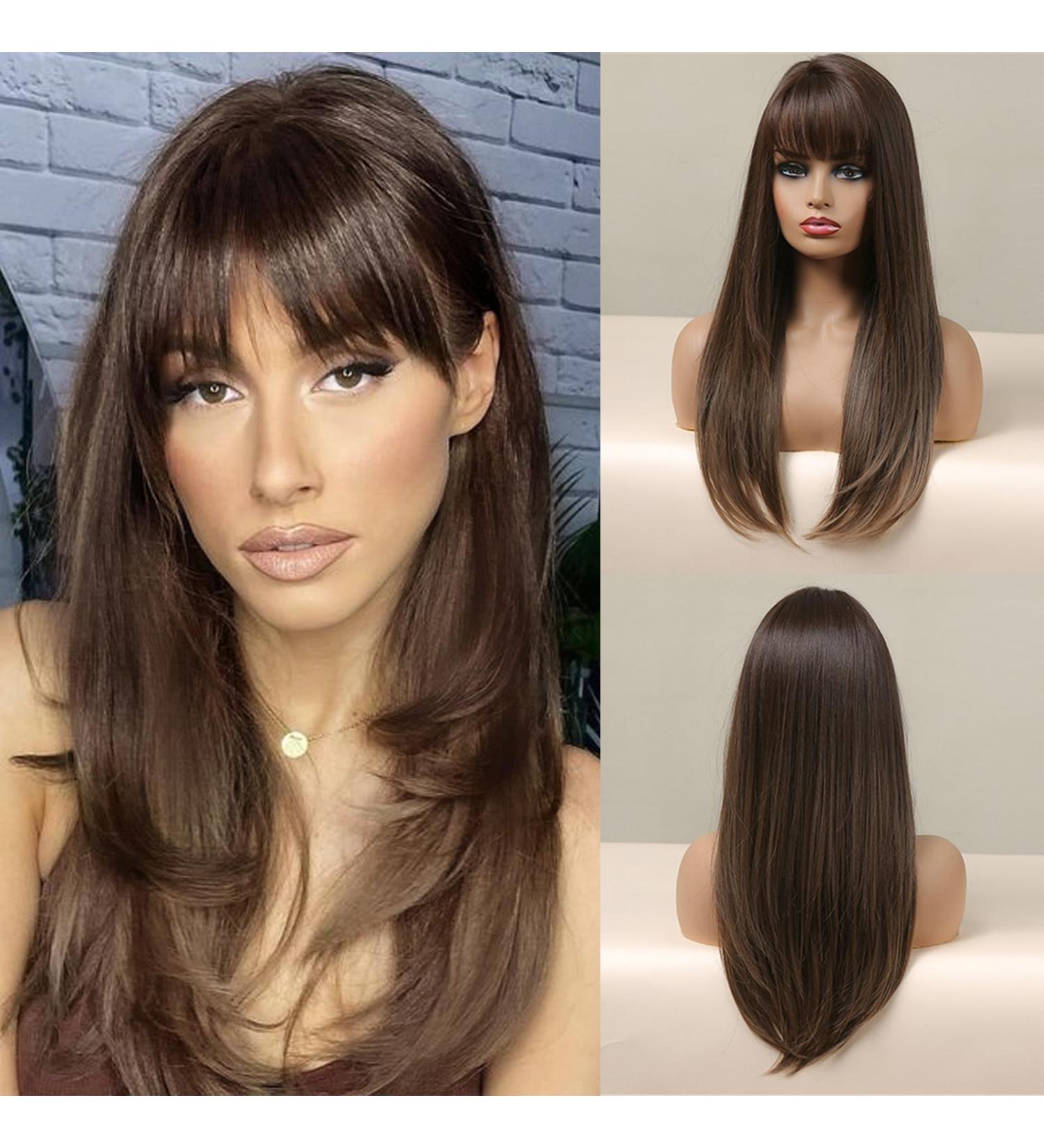 Allbell Long Brown Wig with Ponytail - Straight Layered Ombre Synthetic Hair for Women - Buy Online on GoSupps.com