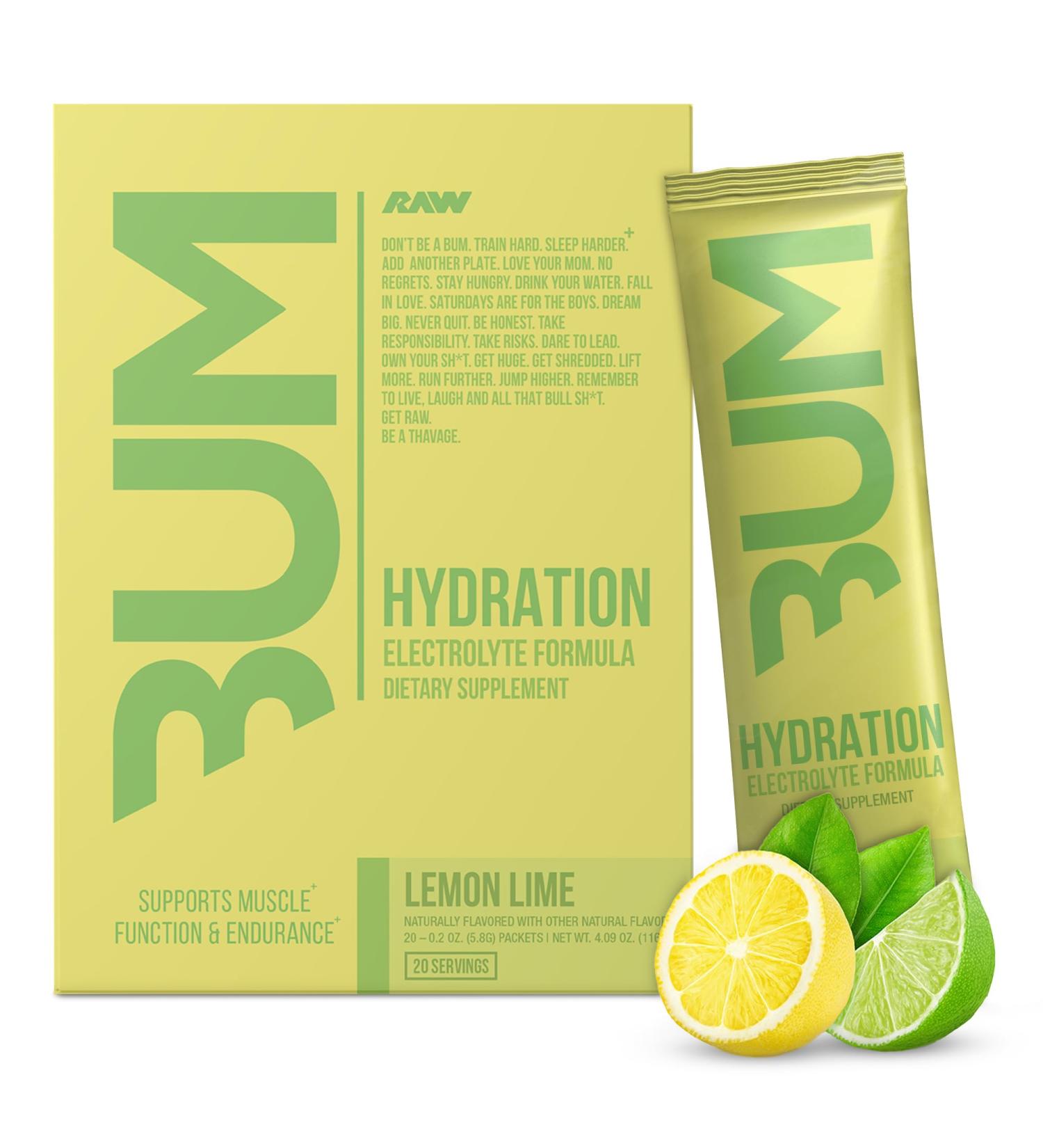 RAW Electrolytes Powder Hydration Drink Mix Packets Bum Hydrate (Lemon Lime 20 Servings) - Electrolyte Hydration Packets Supports Muscle Function & Endurance - Keto Free Electrolytes Powder Packets - Buy Online on GoSupps.com