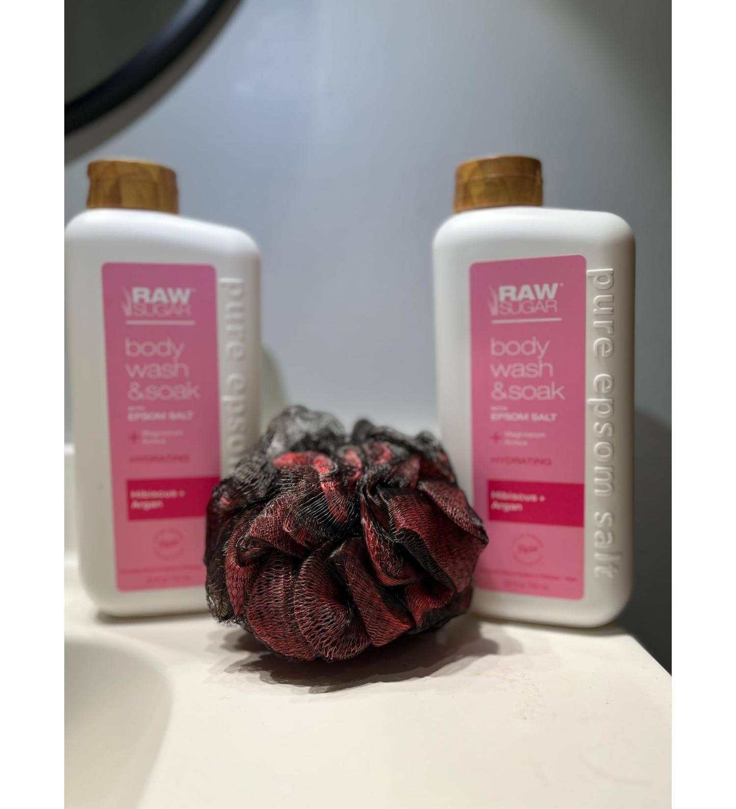 Raw Sugar Epsom Body Wash & Bath Soak - Hibiscus & Argan - 25 fl oz with Pink Loofah | International Shipping Available - Buy Online on GoSupps.com