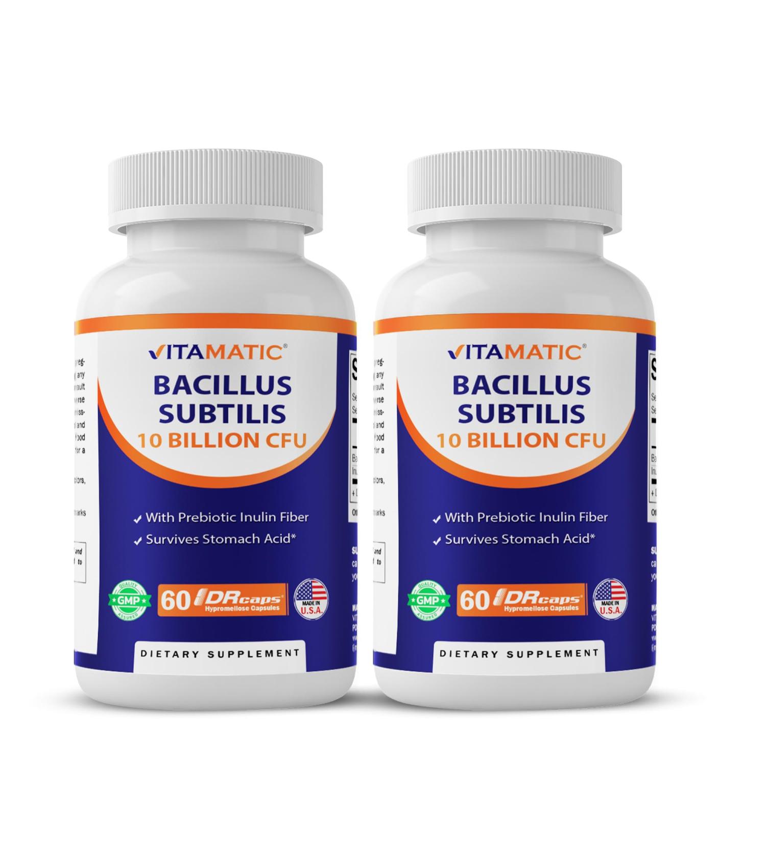 Vitamatic Bacillus Subtilis 10 Billion per DR Capsule - 60 Count - Digestive Gut & Immune Health Support - Made with Prebiotic Inulin Fiber-2 Pack - Buy Online on GoSupps.com