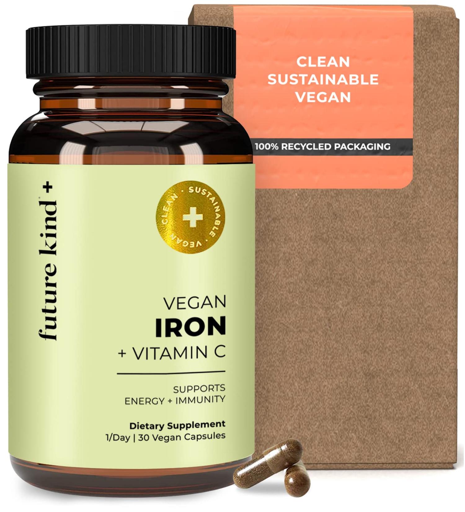 Future Kind Vegan Iron Supplement with Vitamin C - 30 Capsules in Glass Bottle - Buy Online on GoSupps.com