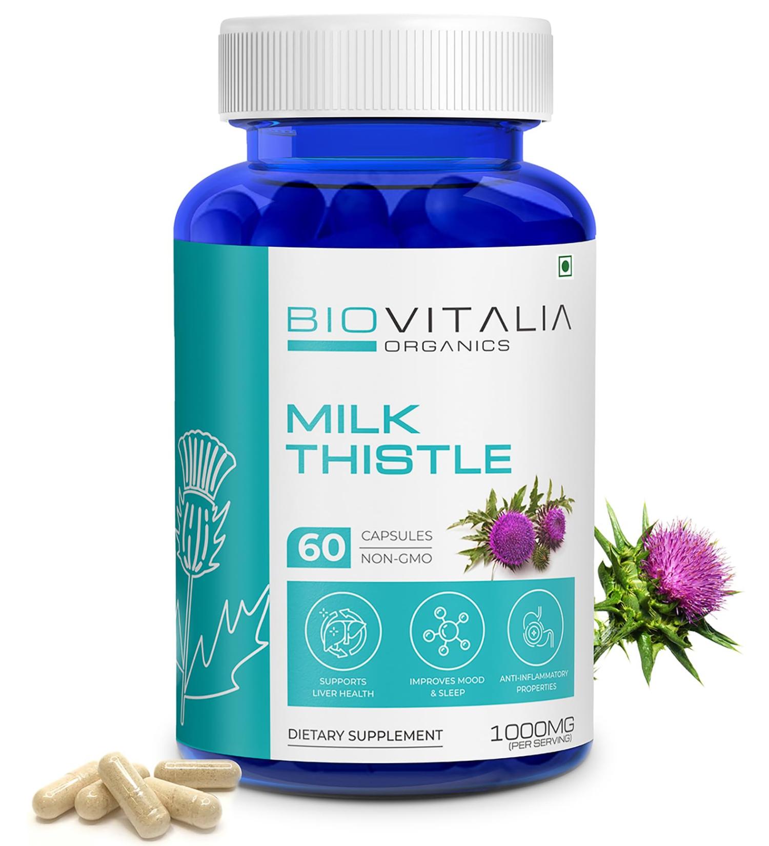 Biovitalia Milk Thistle 1000mg Capsules - Liver Health & Antioxidant Support | Silybum Marianum Detox | Boosts Metabolism | 60 Vegan Capsules - Buy Online on GoSupps.com