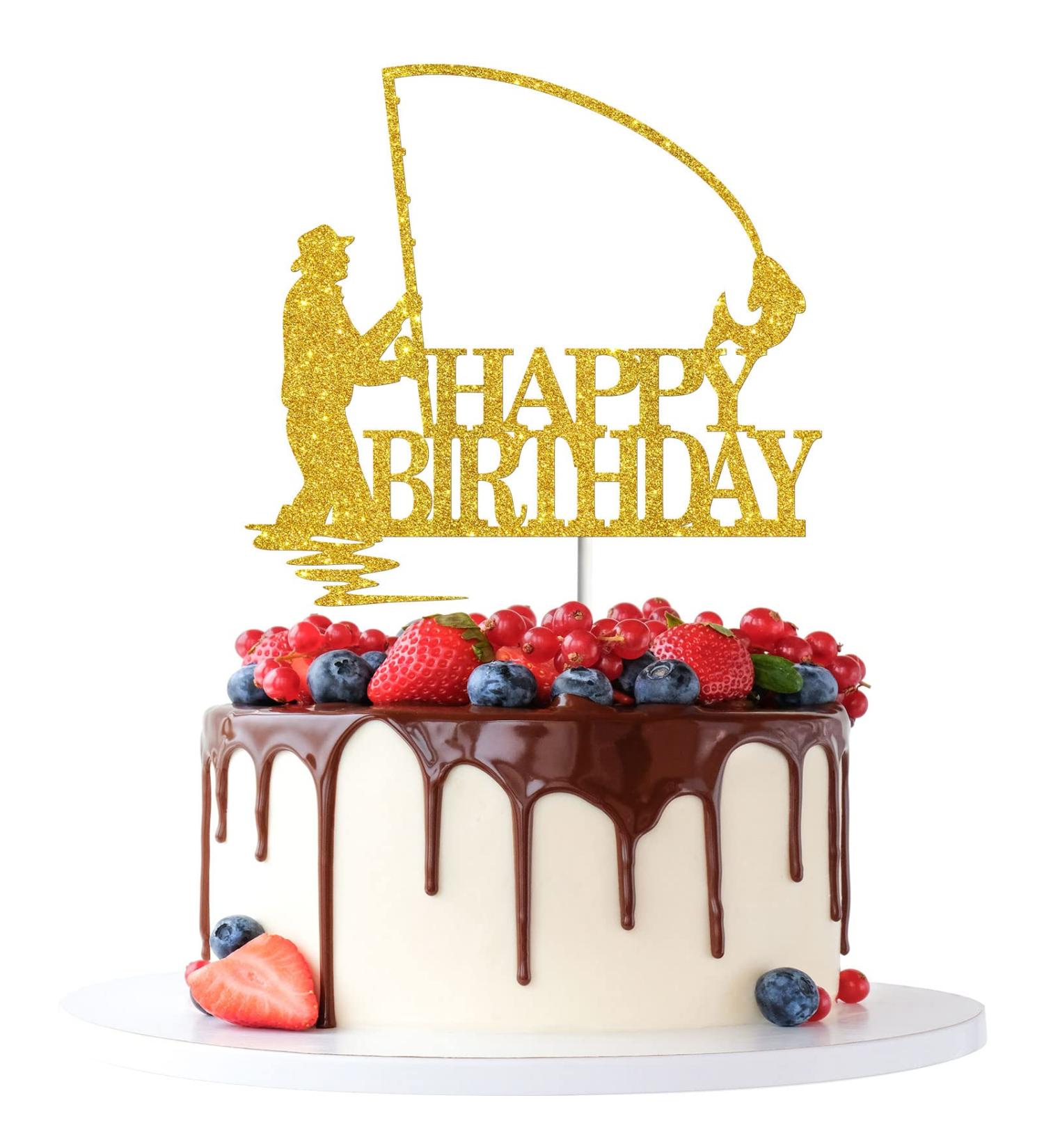 Tenhaisi Gold Glitter Happy Birthday Cake Topper Birthday Party Decorations Fishing Cake Topper Fisherman Birthday Party Supplies - Buy Online on GoSupps.com