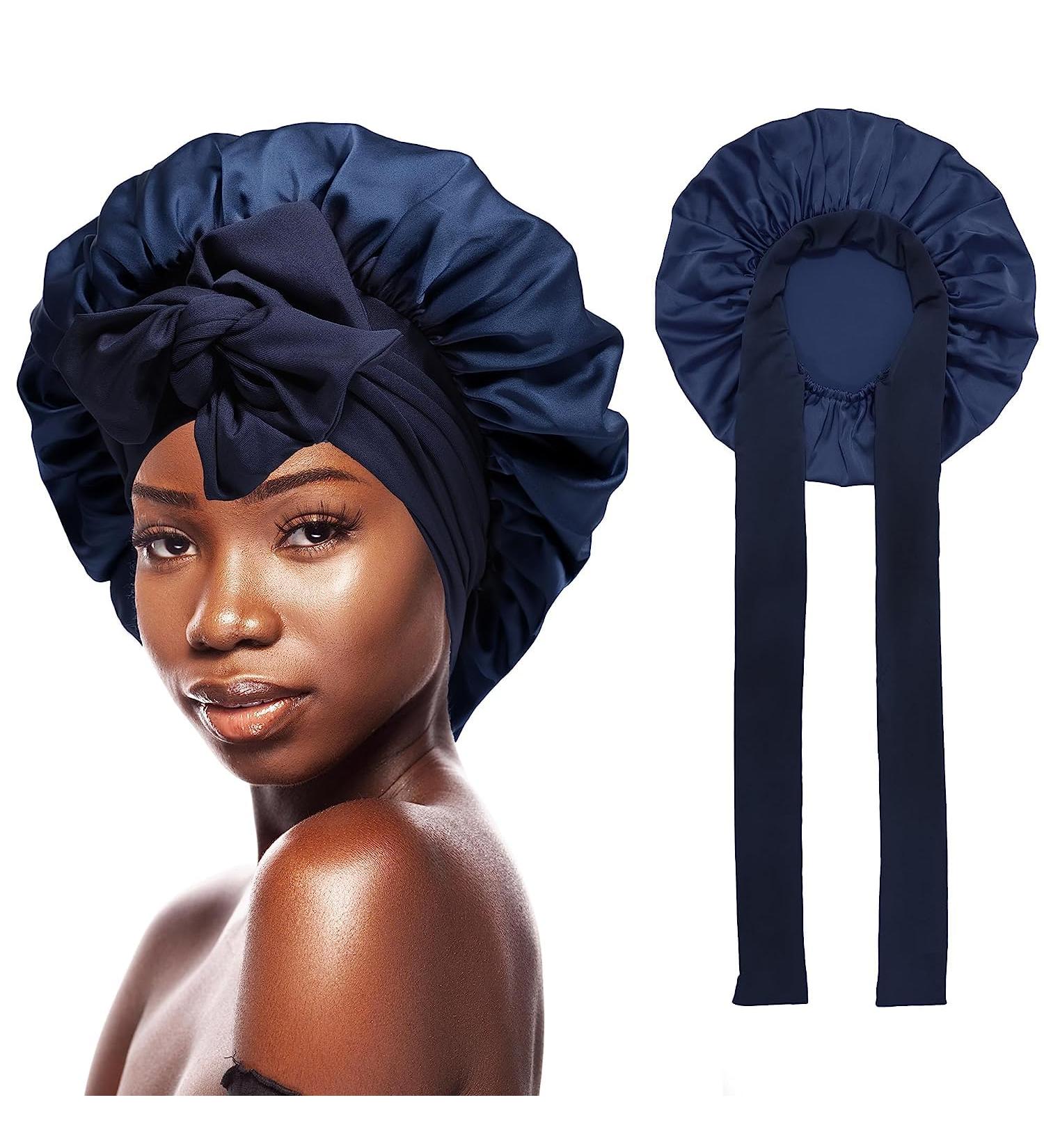 Shop Gugugo Dark Blue Silk Sleeping Hood | Adjustable Silk Bonnet & Satin Cap for Women - Buy Online on GoSupps.com
