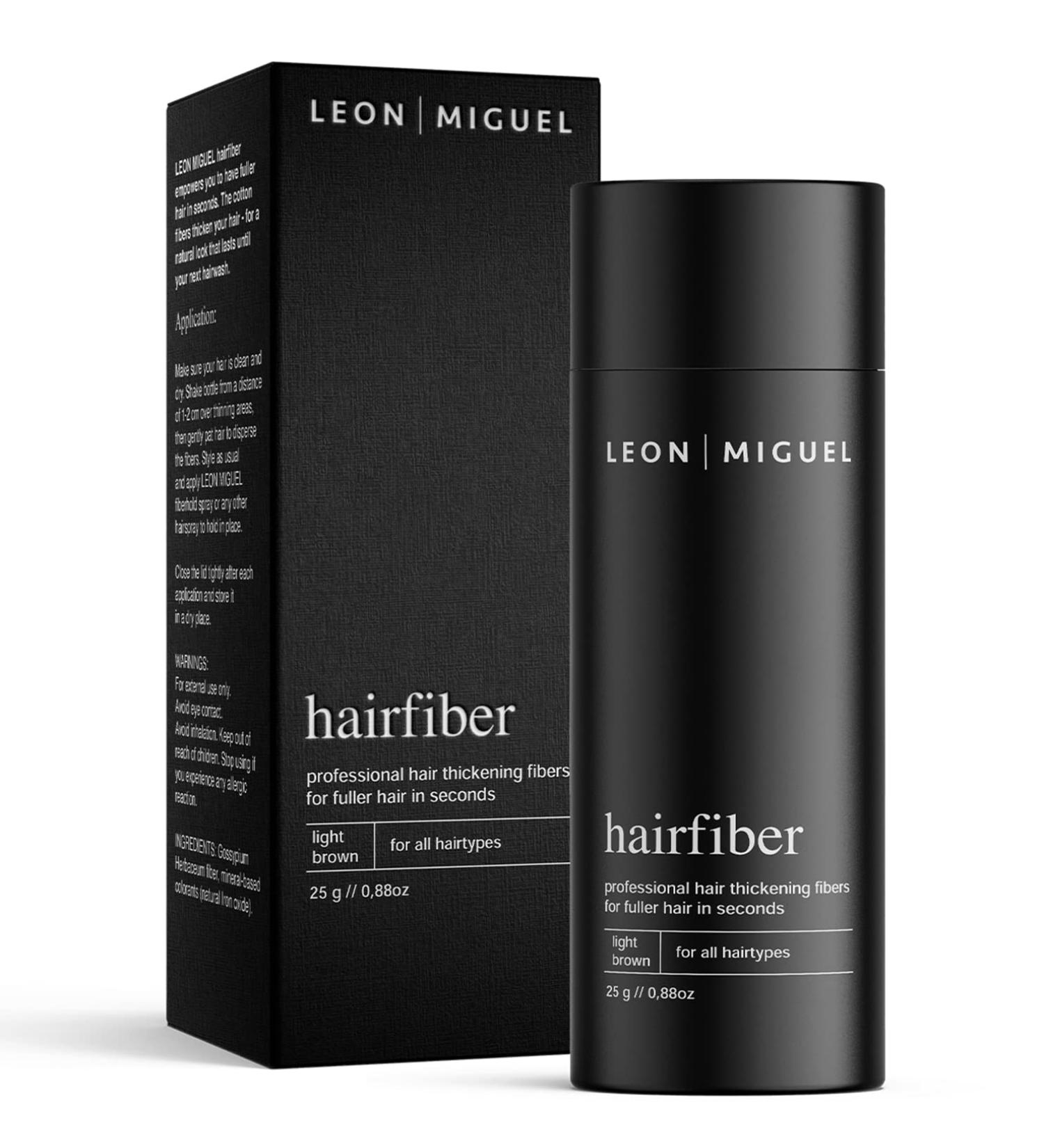 LEON MIGUEL Hair Fiber - Instantly Conceals Hair Loss and Thinning Hair | Premium Hair Thickener for Receding Hairlines and Balding Areas | 25g (LIGHT BROWN) - Buy Online on GoSupps.com