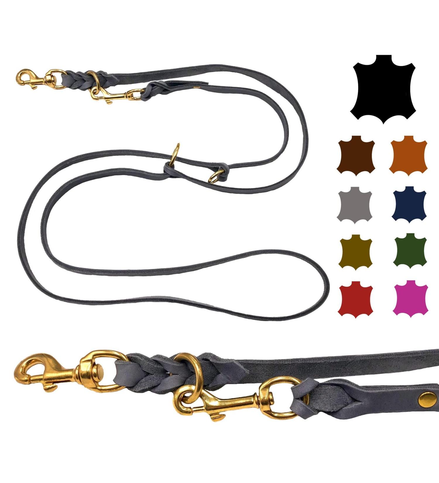 Dogeleine Double Linen Adjustable Dog Leash - 2m Fat Leather & Brass for Small & Large Dogs - Gray (15mm) - Buy Online on GoSupps.com