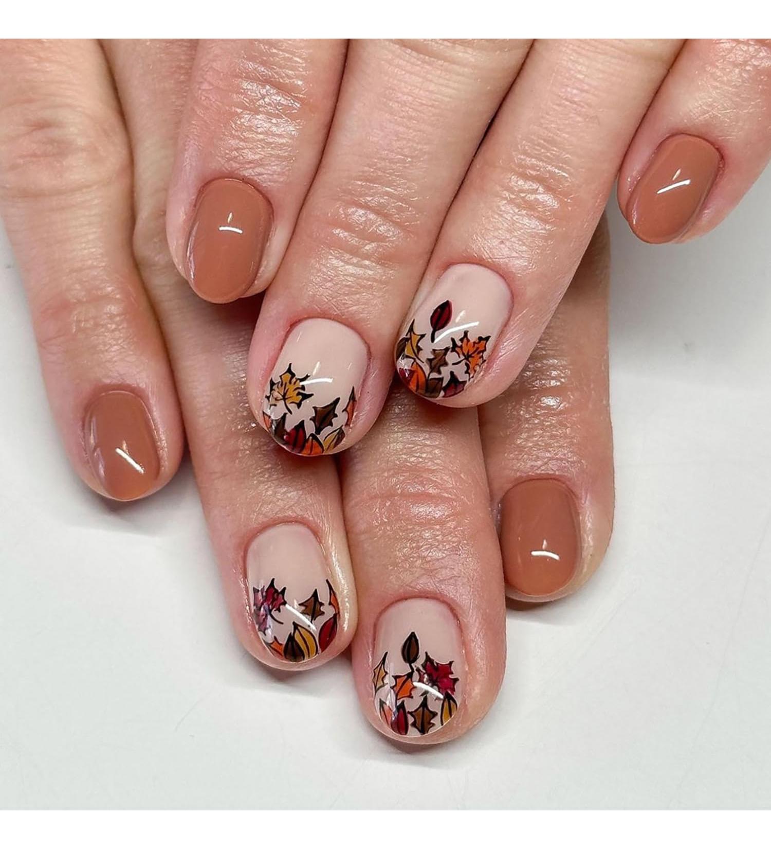 Buy Square Fake Nails - Short Press On Fall Designs with Maple Leaves | Glossy Acrylic Nails for Women - Full Cover Brown Stick On Nails - Buy Online on GoSupps.com
