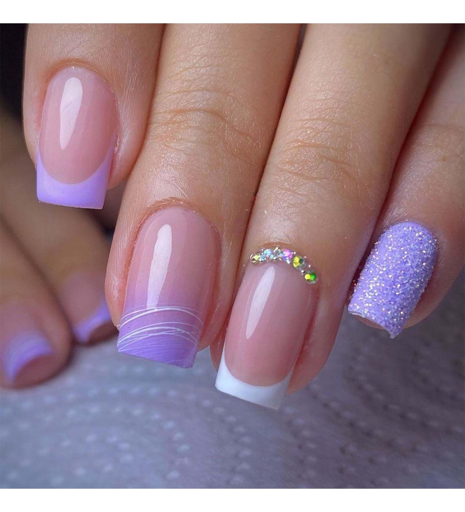 Buy Purple Press on Nails | Medium Square French Tip with Glitter & Rhinestones | 24Pcs Glossy Full Cover Stick-On Acrylic Nails for Women & Girls - Buy Online on GoSupps.com