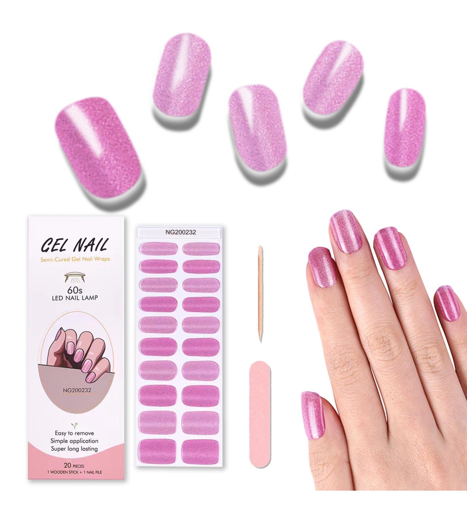 Semi Cured Gel Nail Strips - 20 Pcs Salon-Quality Manicure Set in Pink Purple | Long Lasting, Easy to Apply & Remove with Nail File & Cuticle Stick - Buy Online on GoSupps.com