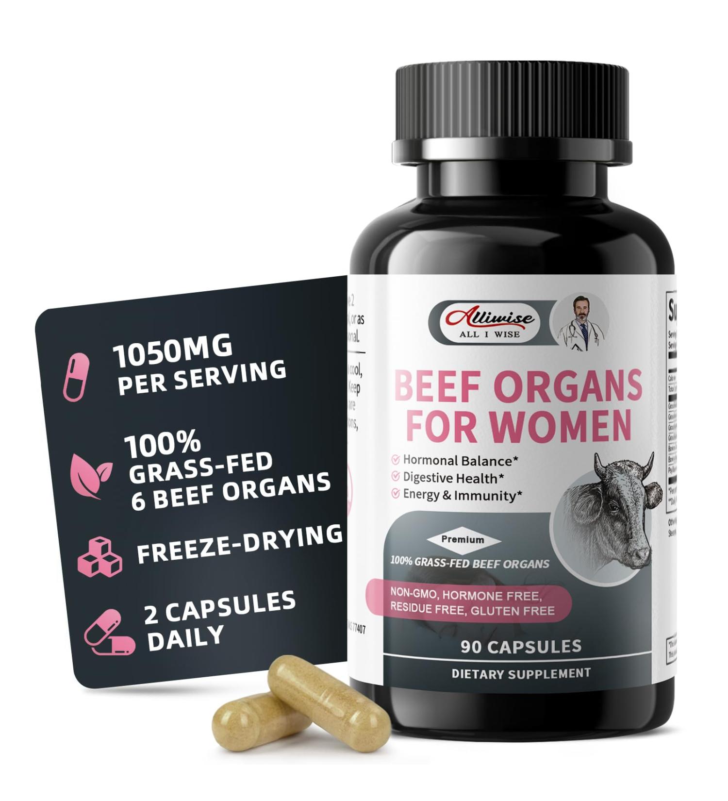 Beef Organ Supplement for Women - Supports Female Hormonal Balance, Energy & Overall Wellness, 100% Grass Fed Beef Organs Complex: Liver Uterus* Heart & 3 More, (2 Capsules Daily) 90 Count (Pack of 1) - Buy Online on GoSupps.com