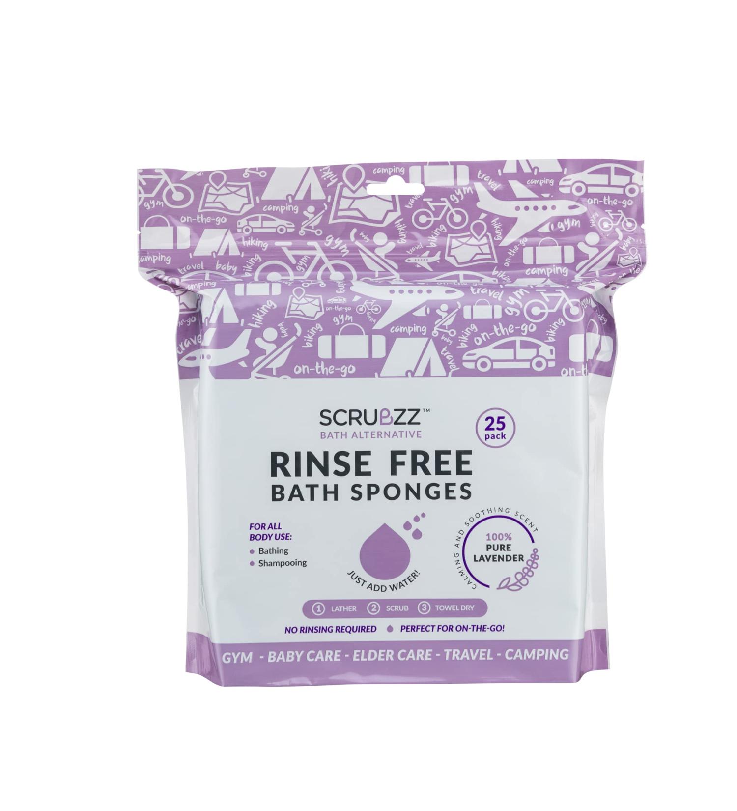 Scrubzz Disposable No Rinse Bathing Wipes - 25 Pack - All-in-1 Single Use Shower Wipes, Simply Dampen, Lather, and Dry Without Shampoo or Rinsing (Lavender, 1-Pack)