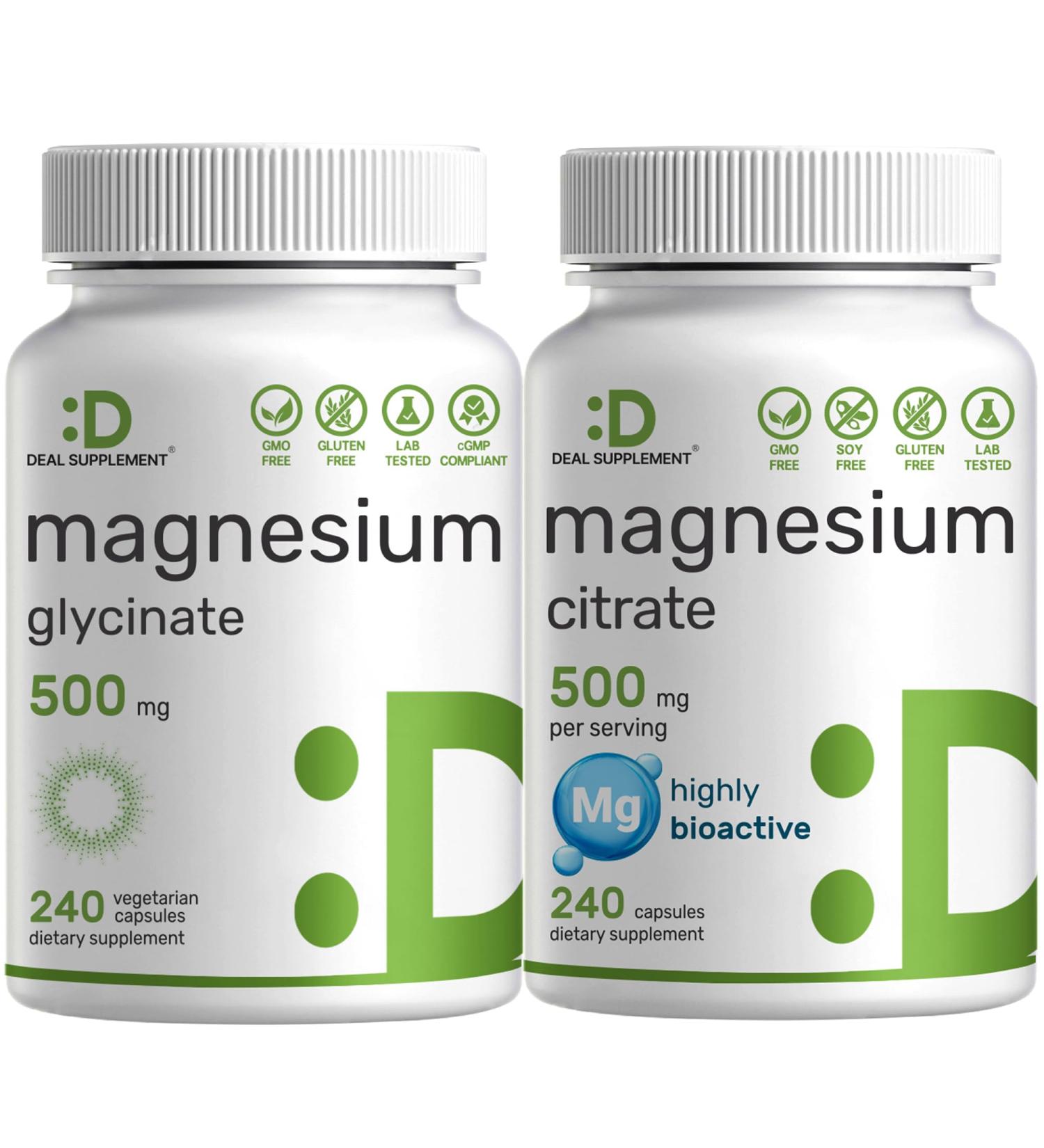 Magnesium Glycinate 500mg Veggie Capsules & Magnesium Citrate 500mg Bundle Easily Absorbed Chelated Mineral Highly Purified Elemental Form - Buy Online on GoSupps.com