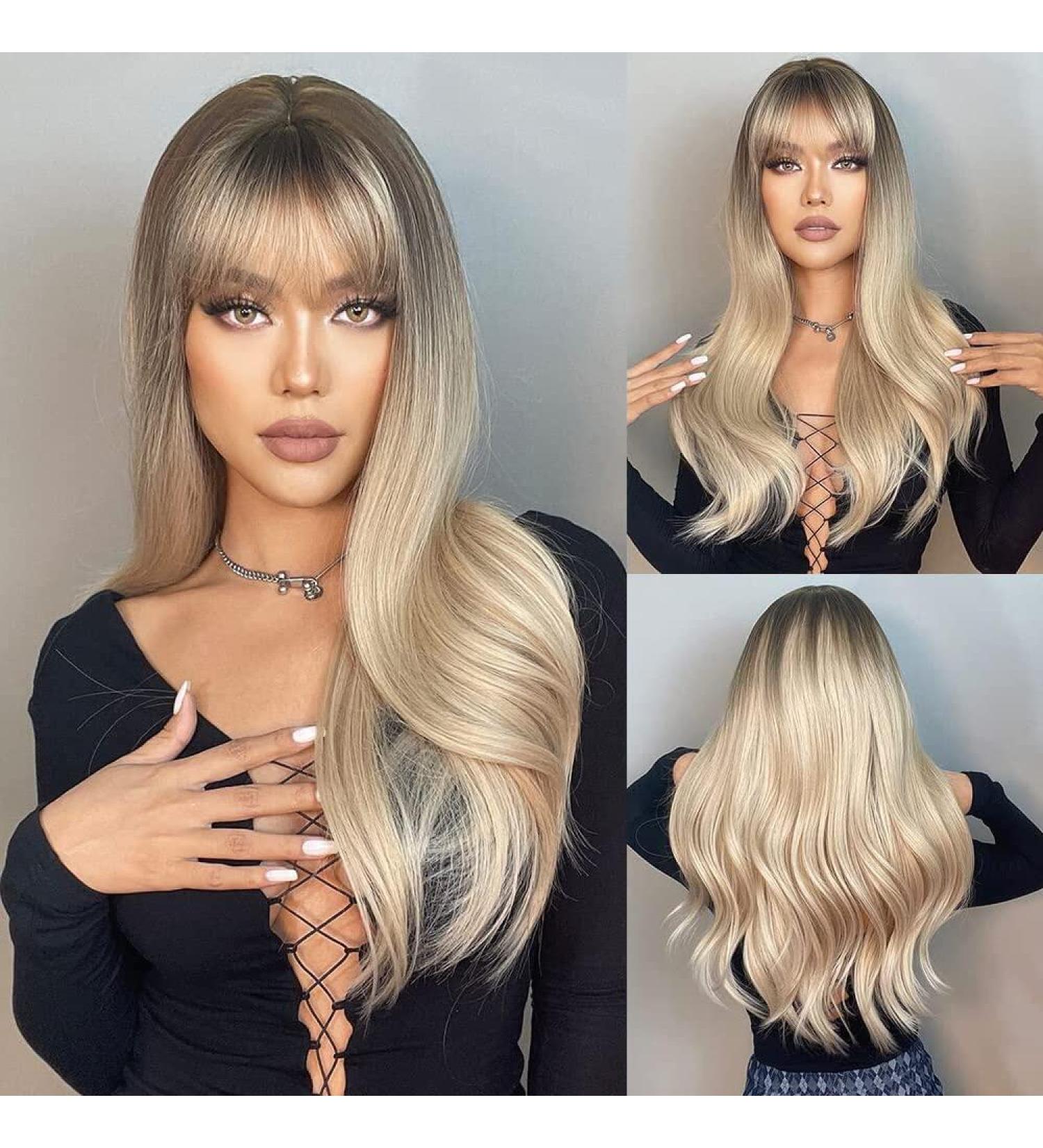 HAIRCUBE Long Wave Ombre Blonde Wig with Bangs - Heat Resistant Synthetic Wigs for Women - Buy Online on GoSupps.com