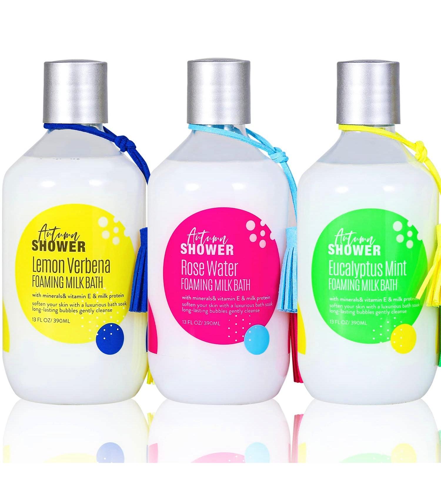 Autumn Shower Foaming Milk Bath Set with Epsom Salt & Essential Oils - 3 Pack, 39 fl oz - Rose Water, Lemon Verbena, Eucalyptus Mint - Bubble Bath for Men and Women - Buy Online on GoSupps.com