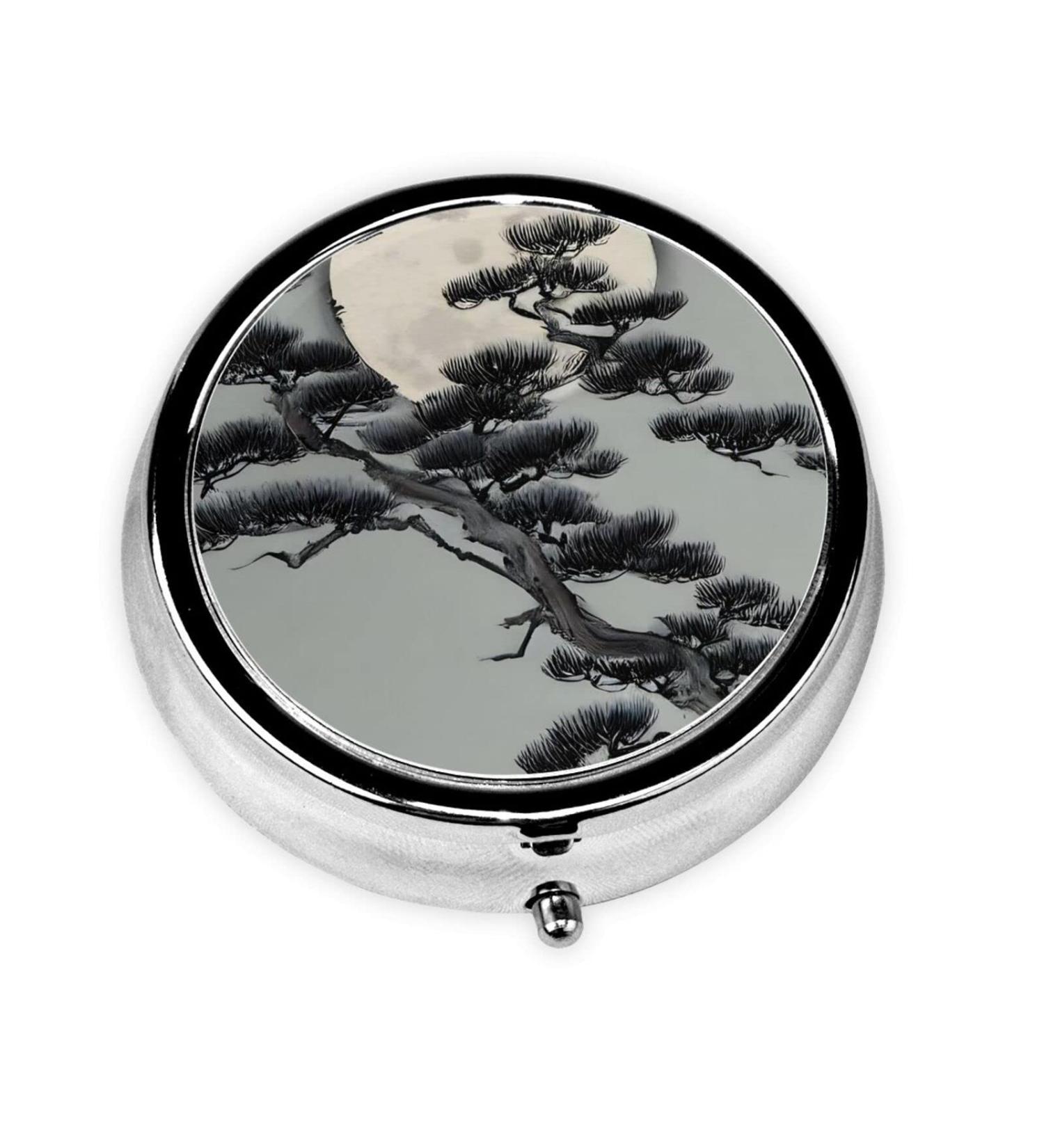 Pine Tree Under The Moon Round Pill Box - 3 Compartment Travel Organizer for Medications | Portable Pill Holder - Buy Online on GoSupps.com