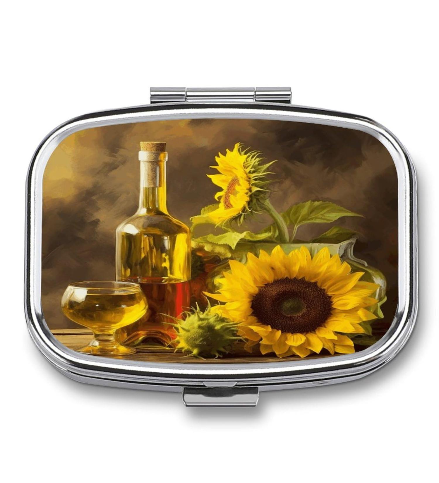 Shop Decorative Metal Pill Box with Yellow Sunflower Print - 2 Compartment Portable Organizer for Medicine | Ideal for Pocket or Purse - International Shipping Available - Buy Online on GoSupps.com
