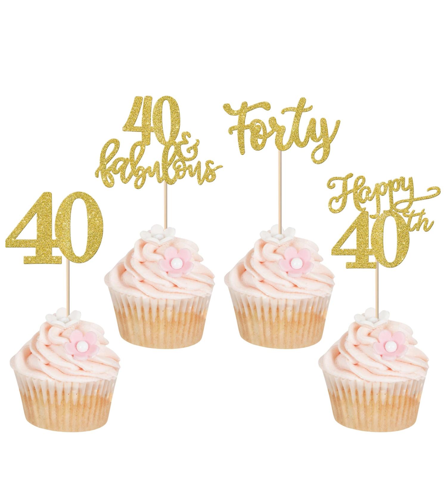 Rsstarxi 24 Pack Happy 40th Birthday Cupcake Toppers Gold Glitter Forty 40 Fabulous Cupcake Picks 40th Birthday Cake Decorations for 40th Birthday Anniversary Party Decorations Design 1 40th Gold