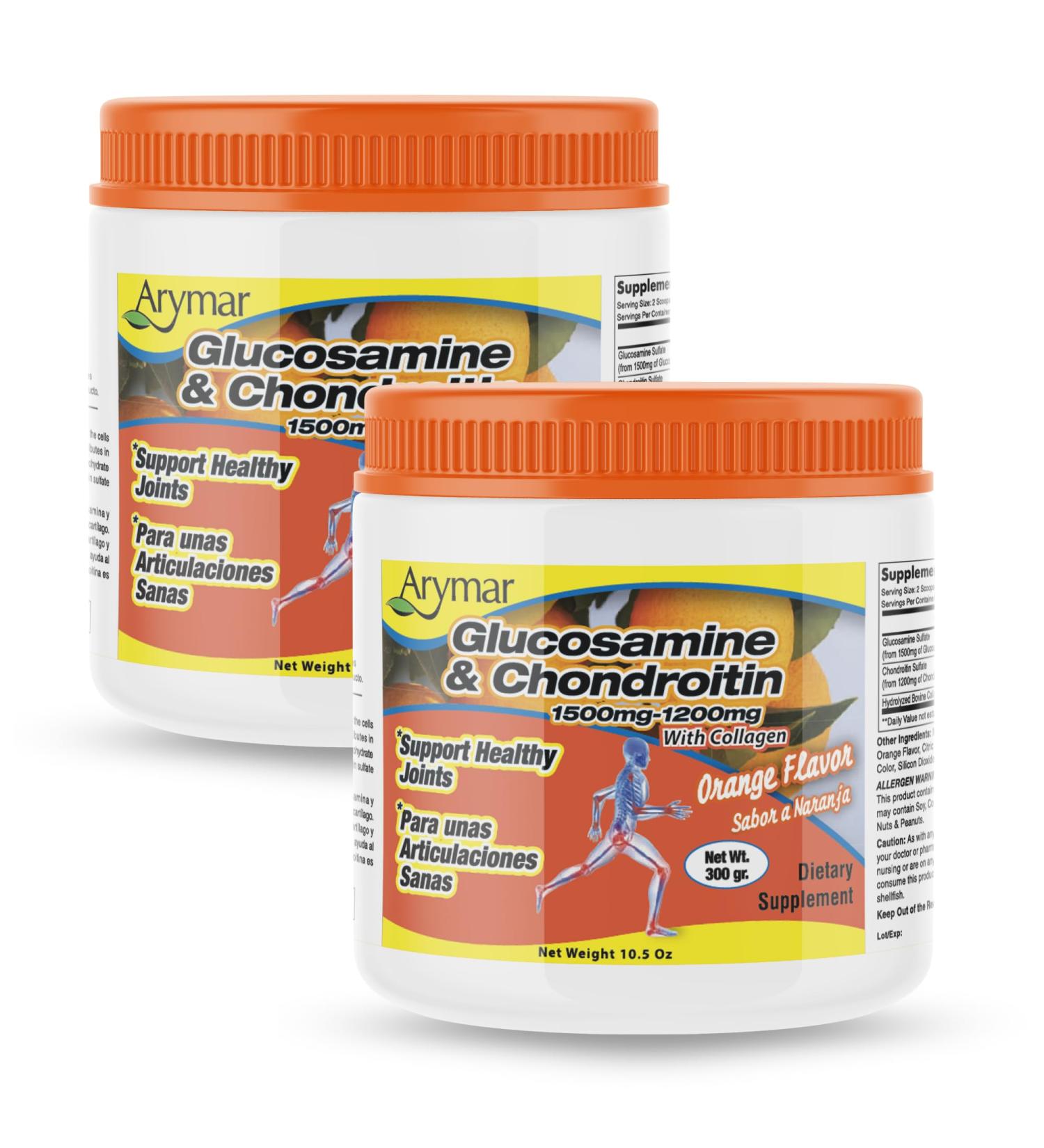 Arymar Glucosamine 1500 mg + Chondroitin 1200 mg + Hydrolyzed Collagen Powder. Orange Flavor Joint Support Formula for Active Adults 10.5 oz 2 Pack - Buy Online on GoSupps.com