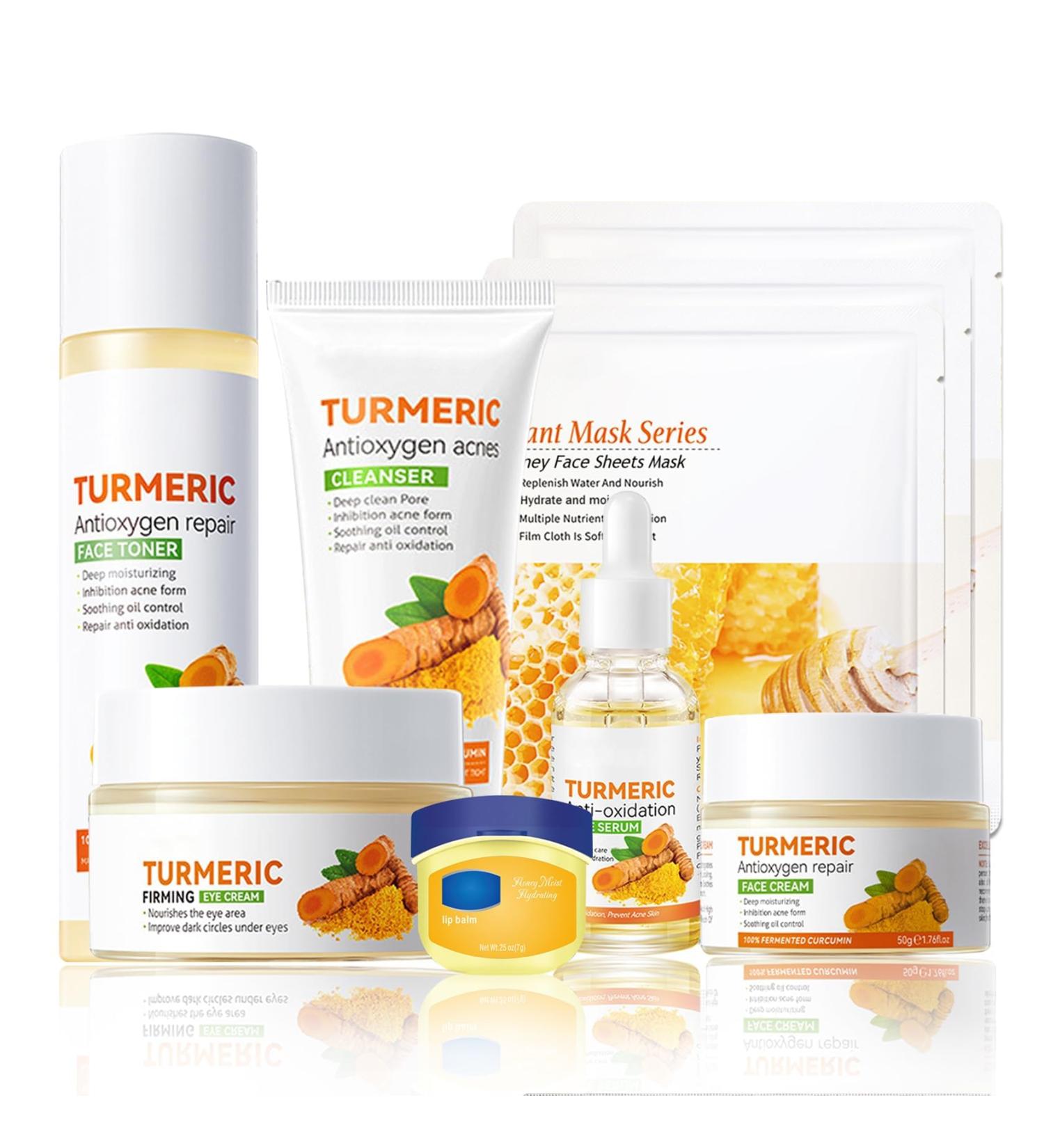 9 Pcs Turmeric Skincare Set with Moisturizing Facial Cleanser Toner Face Serum Facial Cream Eye Cream Travel Size Lip Balm and 3 Hydrating Face Sheet Masks Skin Care Set - Buy Online on GoSupps.com
