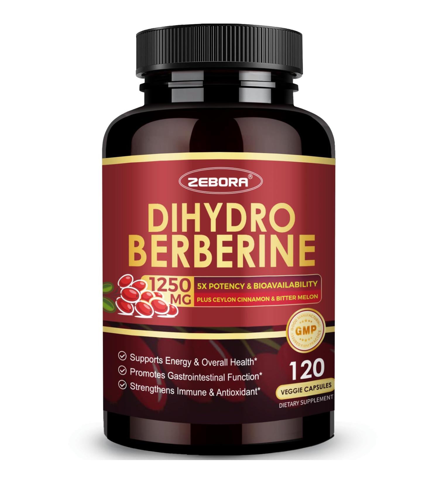 ZEBORA Dihydroberberine 1250mg Berberine Supplement with Ceylon Cinnamon Bitter Melon R-ALA 5X Potency & Bioavailability - Supports Immune Digestion & Heart Health Non-GMO 120 Capsules 1 Count (Pack of 120) - Buy Online on GoSupps.com