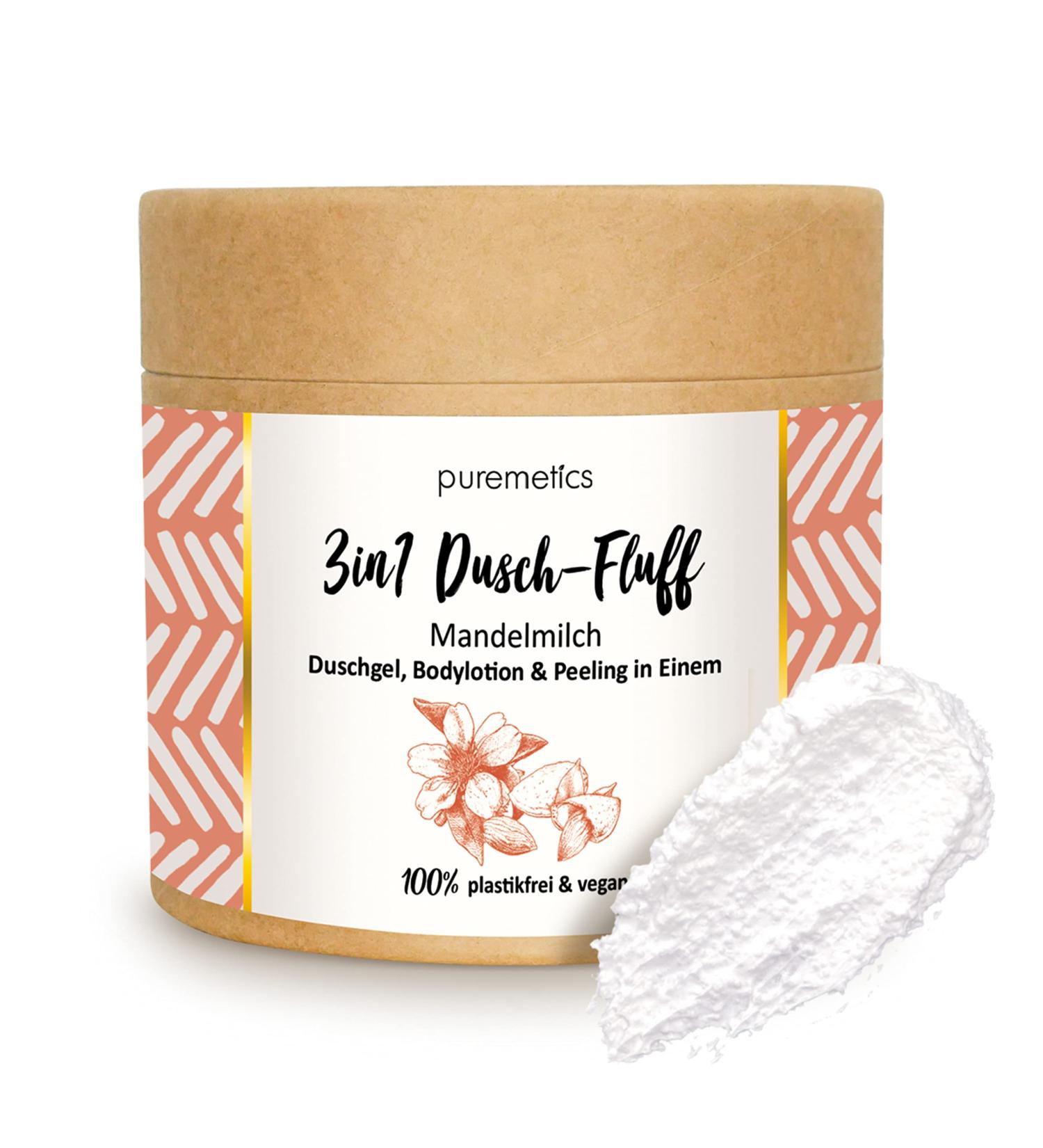 Puremetics 3-in-1 Shower Fluff Almond Milk Vegan Sugar Peeling Gel & Lotion | 250g Plastic-Free - Buy Online on GoSupps.com