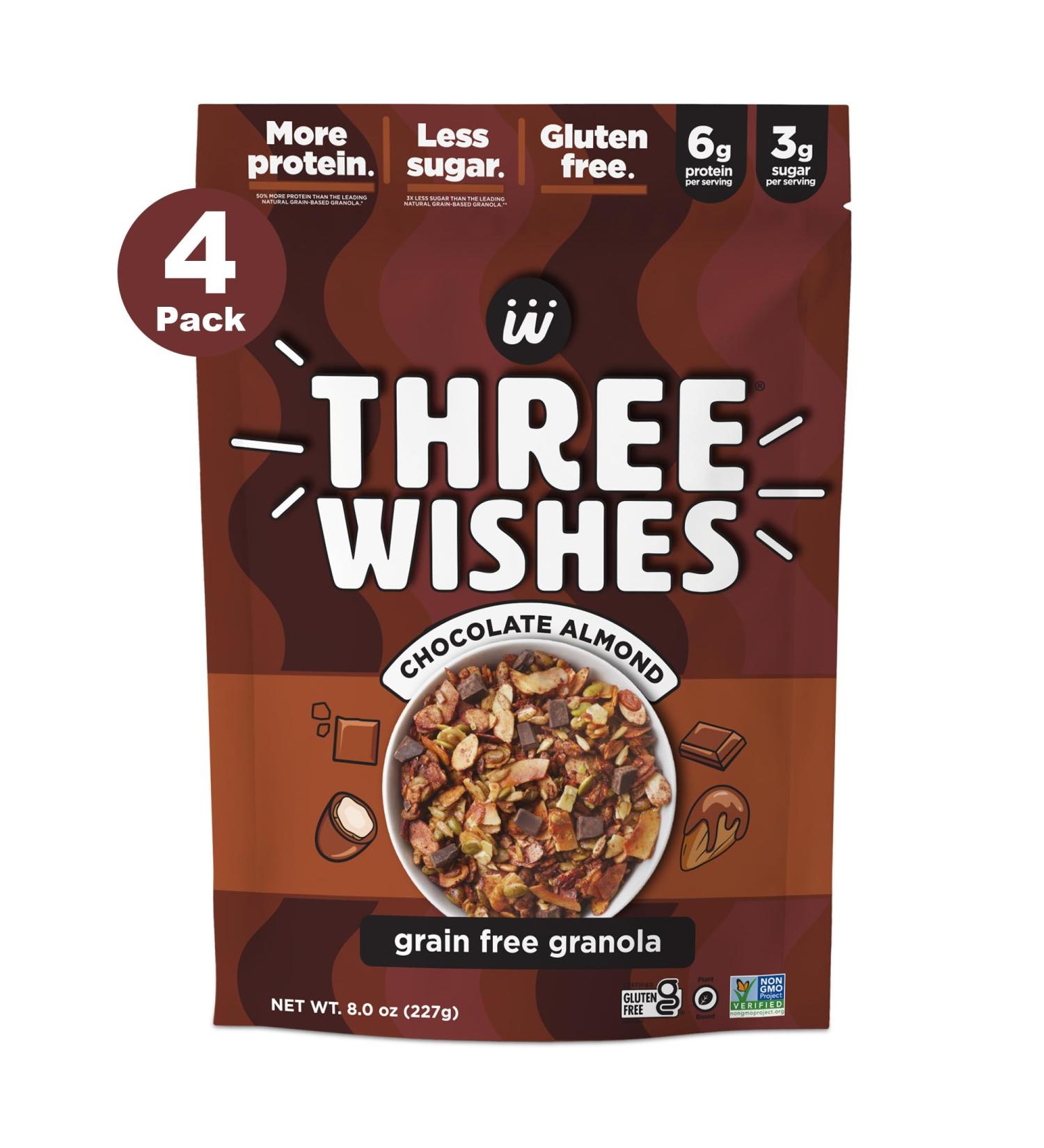 Three Wishes Muesli amande au chocolat (lot de 4) C r ales sans gluten 6 g de prot ines et 3 g de sucre pour petit-d jeuner et collation sains emporter v g talien casher et sans c r ales Amande au chocolat 8 g (Lot de 4) - Buy Online on GoSupps.com
