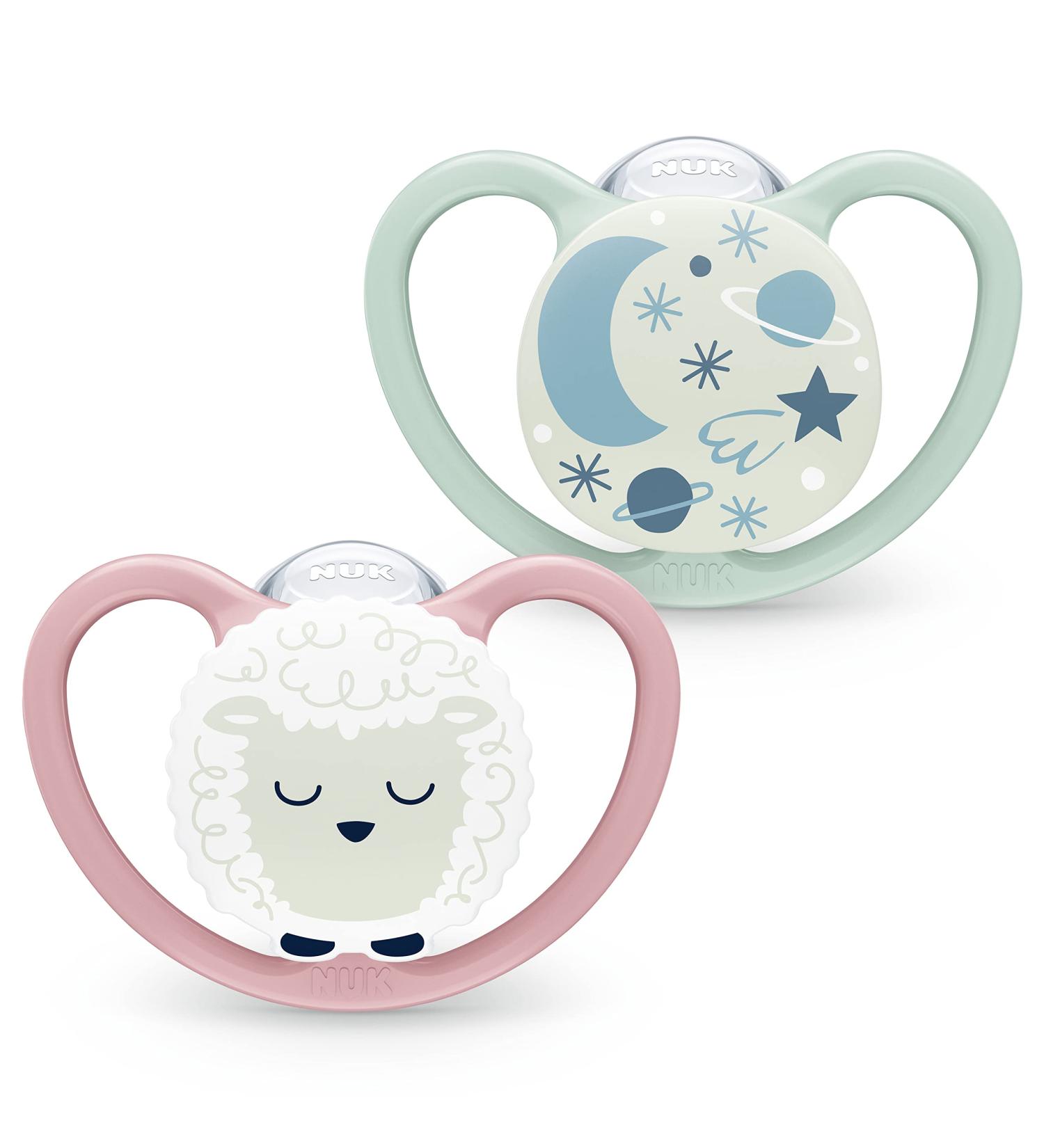 Nuk Space Schnuller - BPA-Free Silicone Pacifier with Light Effect & Extra Ventilation | 0-6 Months | Sheep & Moon Design | 2 Pack in Pink - International Shipping Available - Buy Online on GoSupps.com