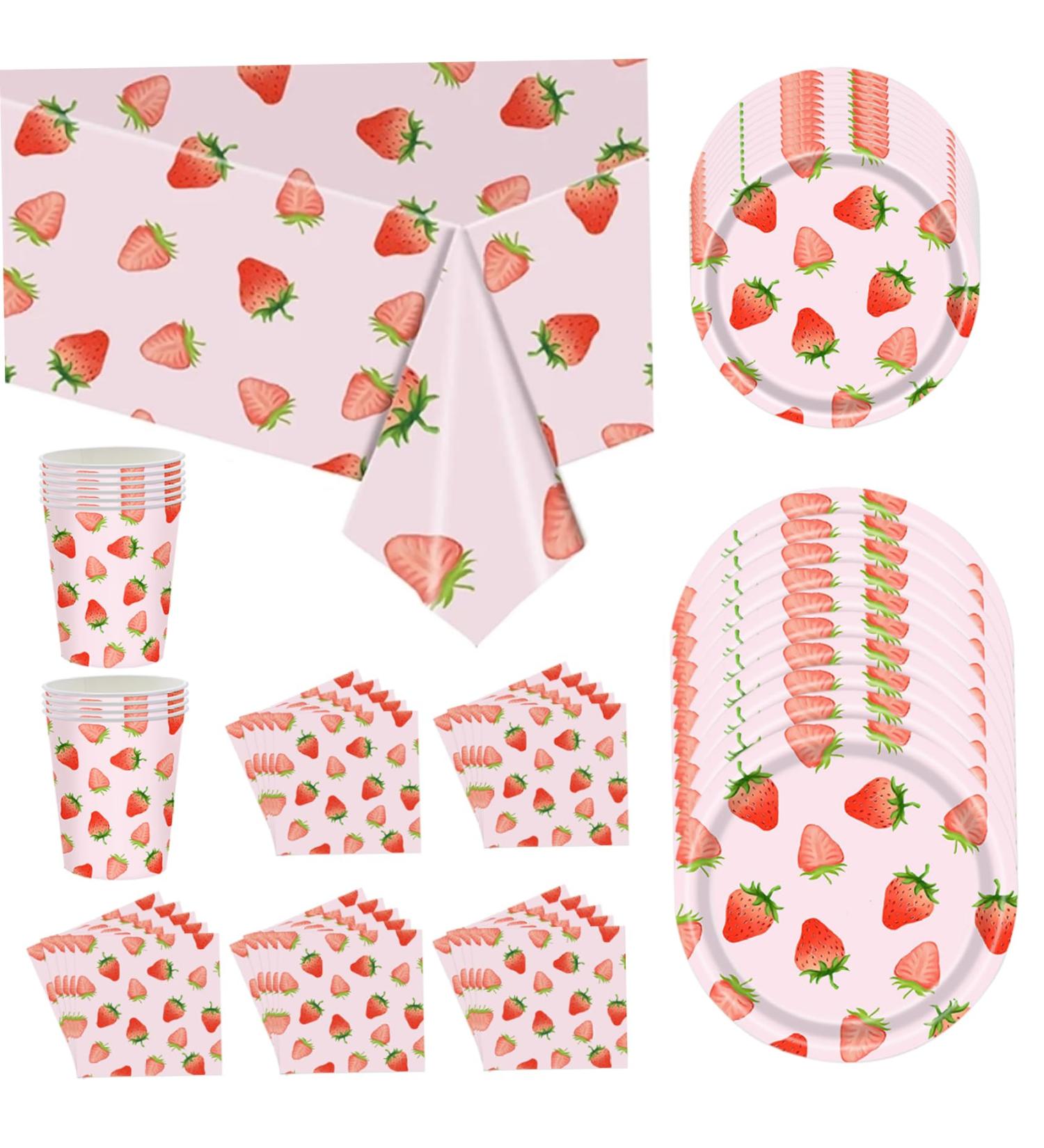 Strawberry Baby Shower Decorations 56Pcs/Set Disposable Dinnerware Set Serves 10 Guests Tablecloth Strawberry Paper Plates Cups & Napkins Strawberry Party Supplies Inodoor Outdoor - Buy Online on GoSupps.com